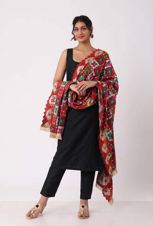 Maroon Allover Embroidered Phoolkari Dupatta