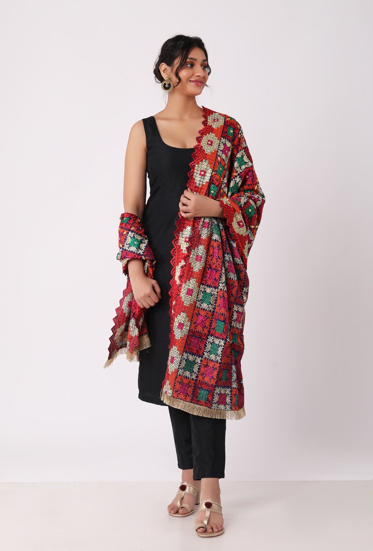 Maroon Allover Embroidered Phoolkari Dupatta