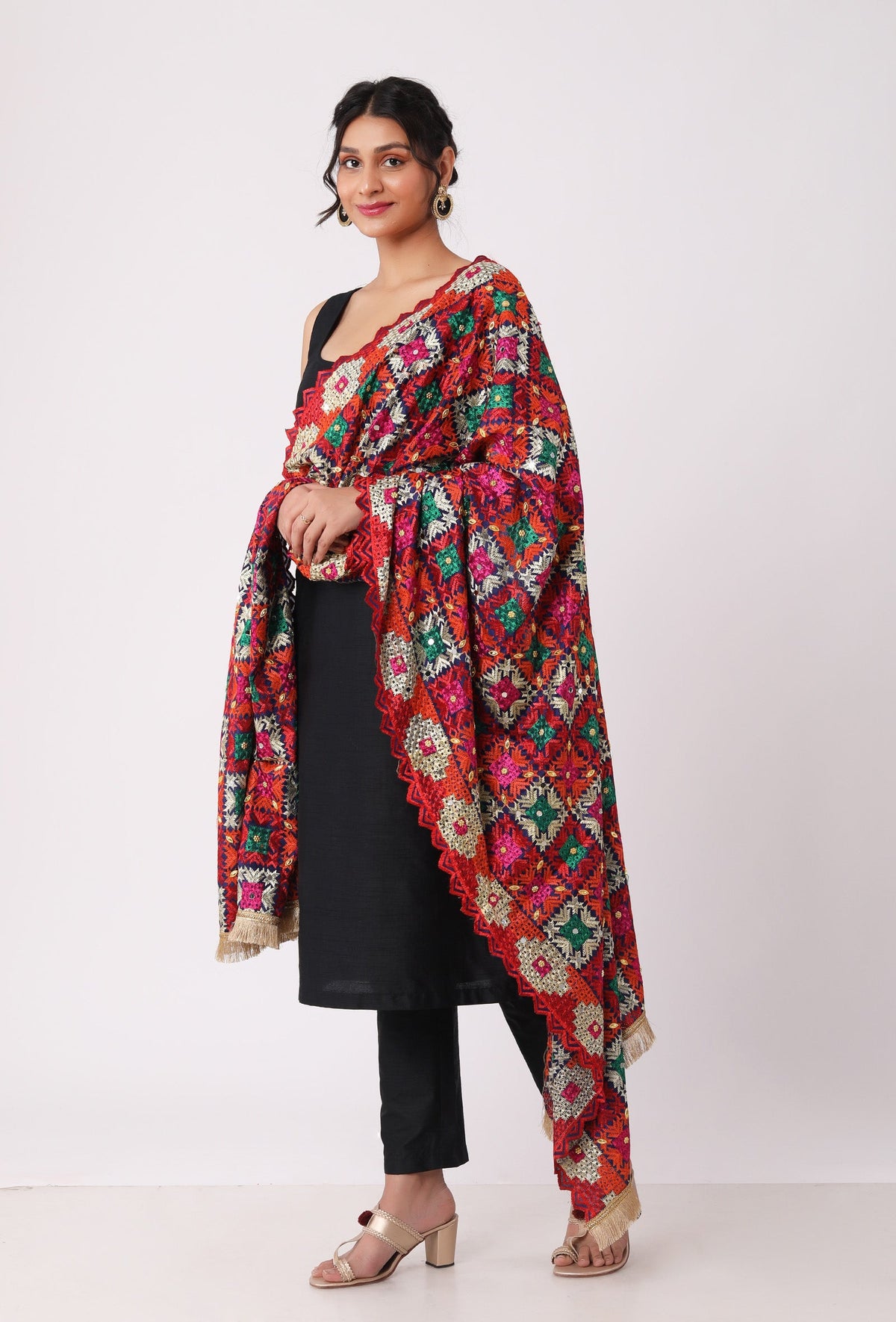 Maroon Allover Embroidered Phoolkari Dupatta