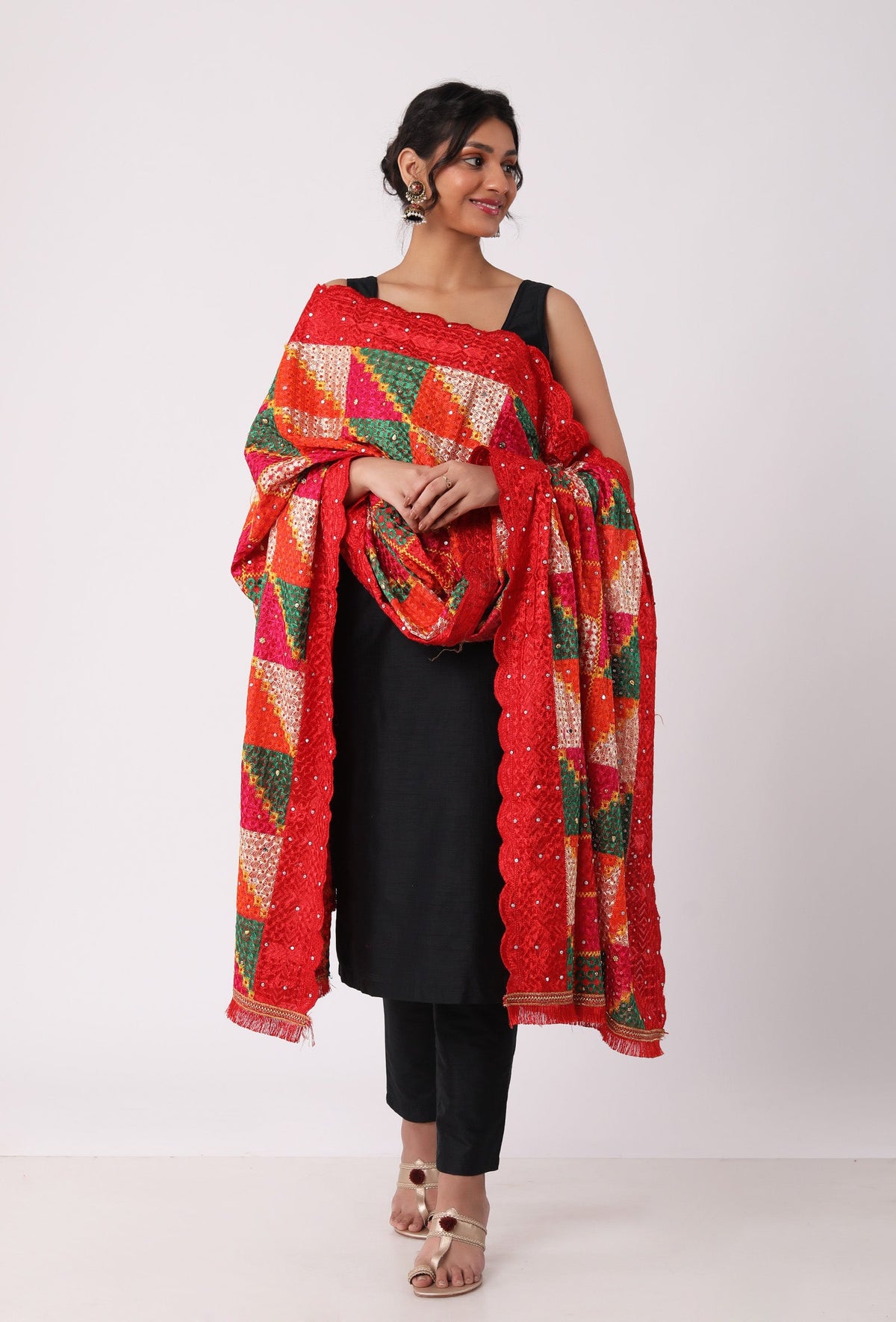 Red Allover Embroidered Phoolkari Dupatta