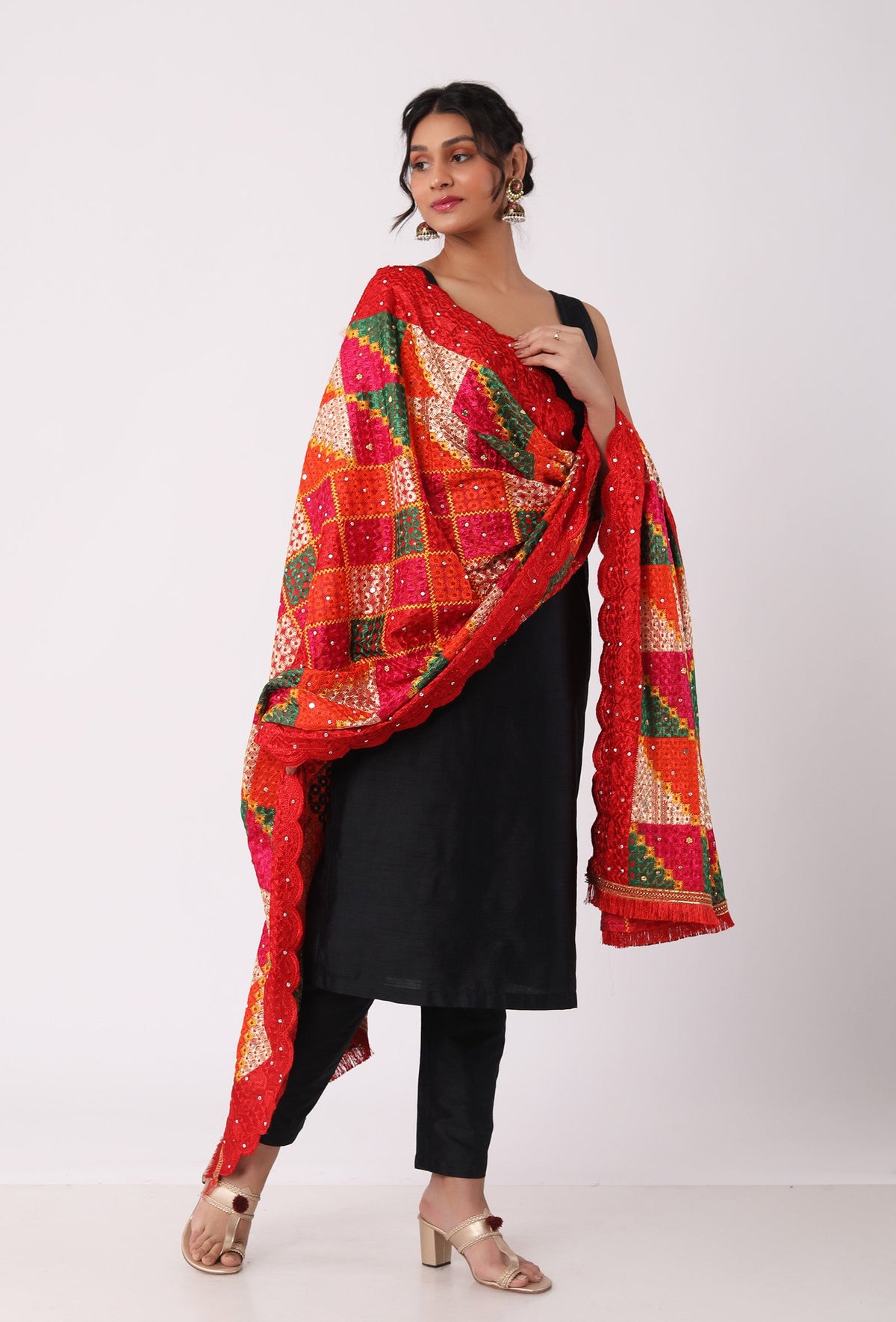 Red Allover Embroidered Phoolkari Dupatta