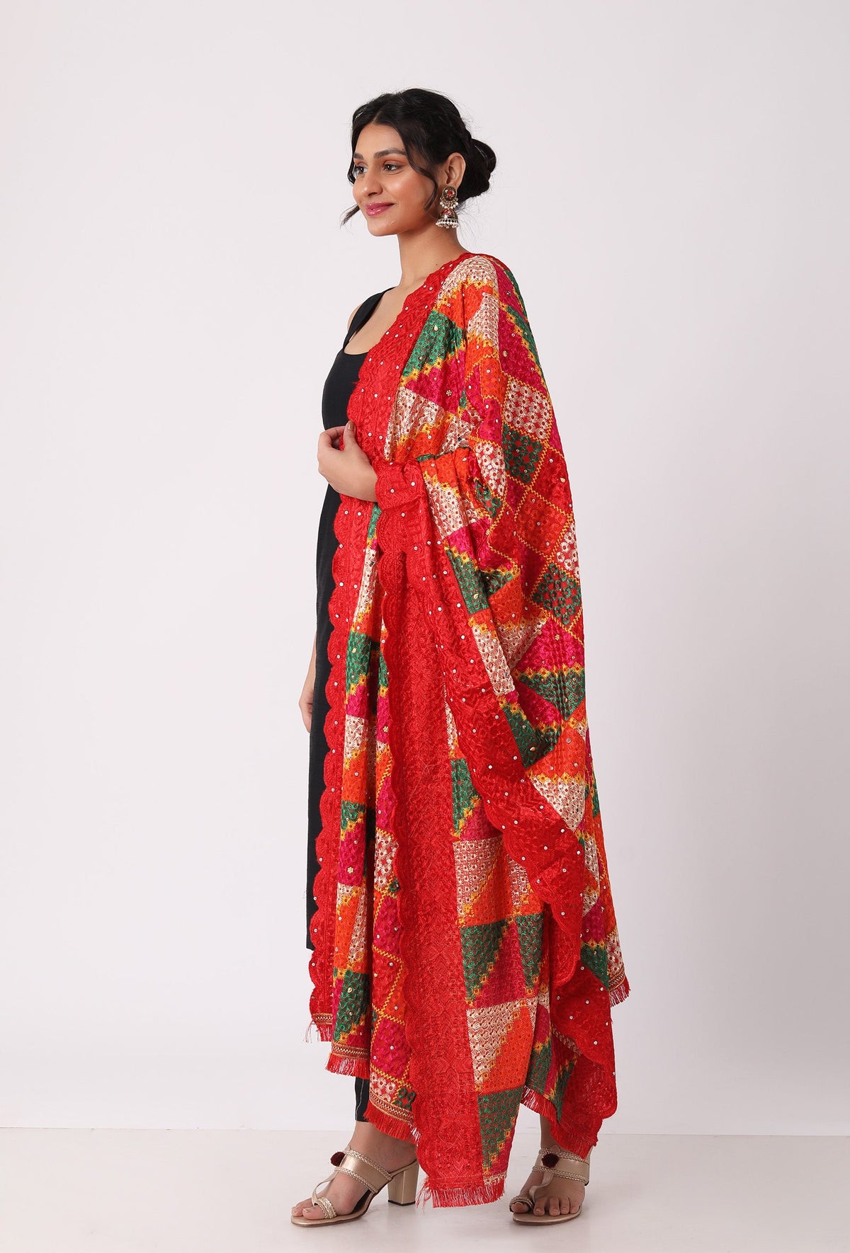 Red Allover Embroidered Phoolkari Dupatta