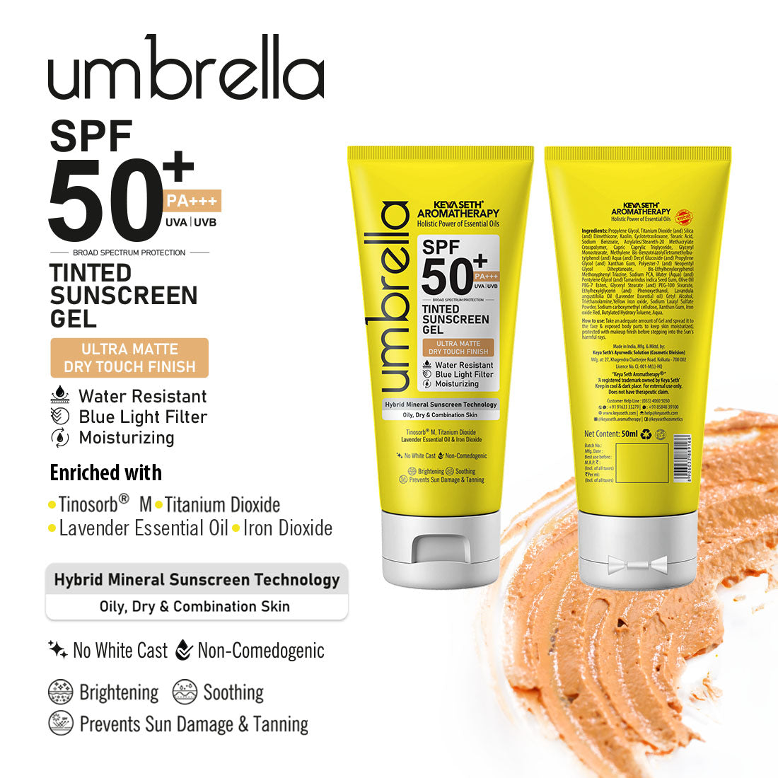Umbrella Tinted Mineral Sunscreen Gel SPF50 PA+++ Moisturizing, Water-Resistant, Blue Light Filter, Water-Resistant, Dry Touch, No White Cast, Tinosorb M + Titanium Dioxide 50ml