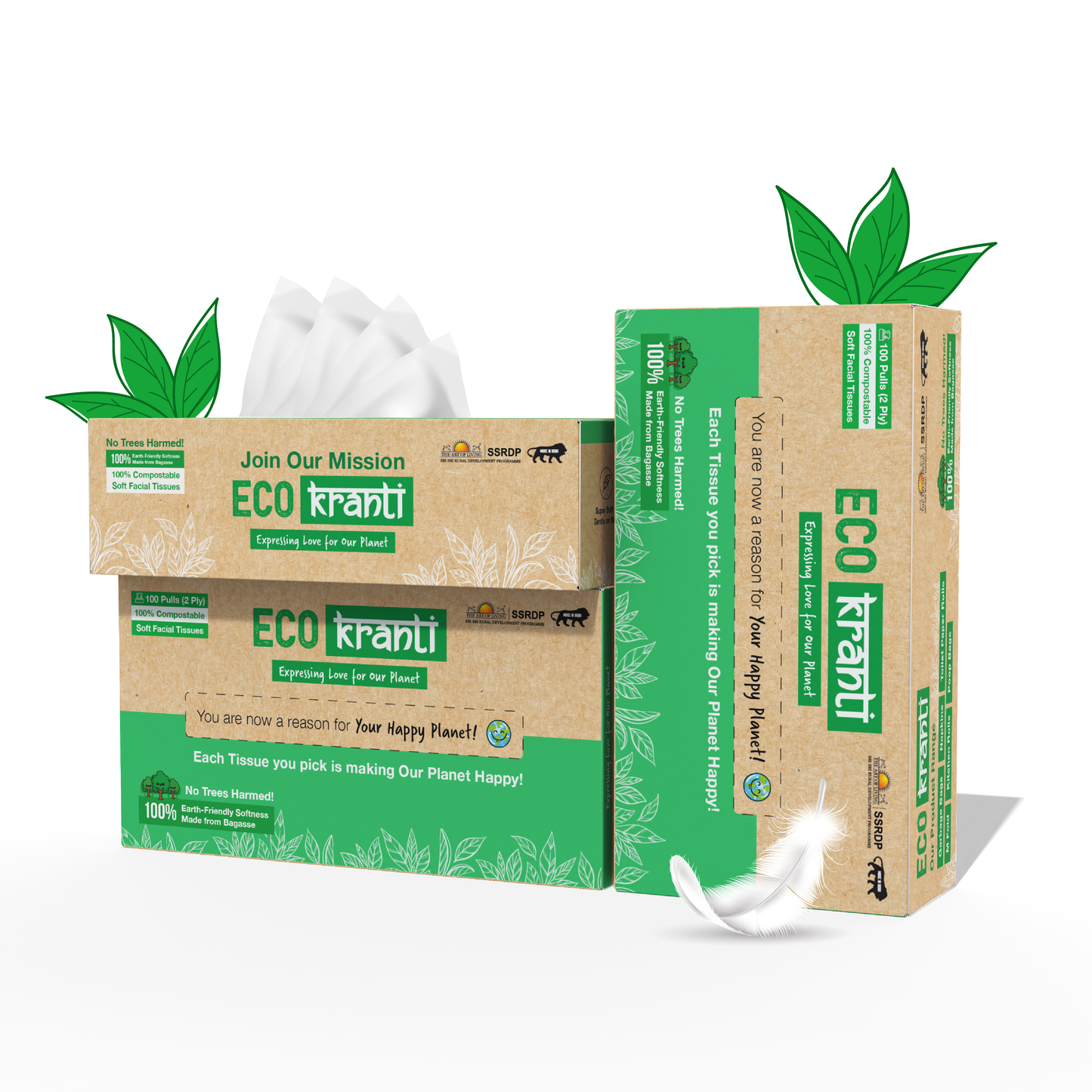 Eco Kranti - Facial Tissue Paper Box | 100 Pulls x 3 Packs | 100% Natural Bagasse | Biodegradable, Compostable 100g
