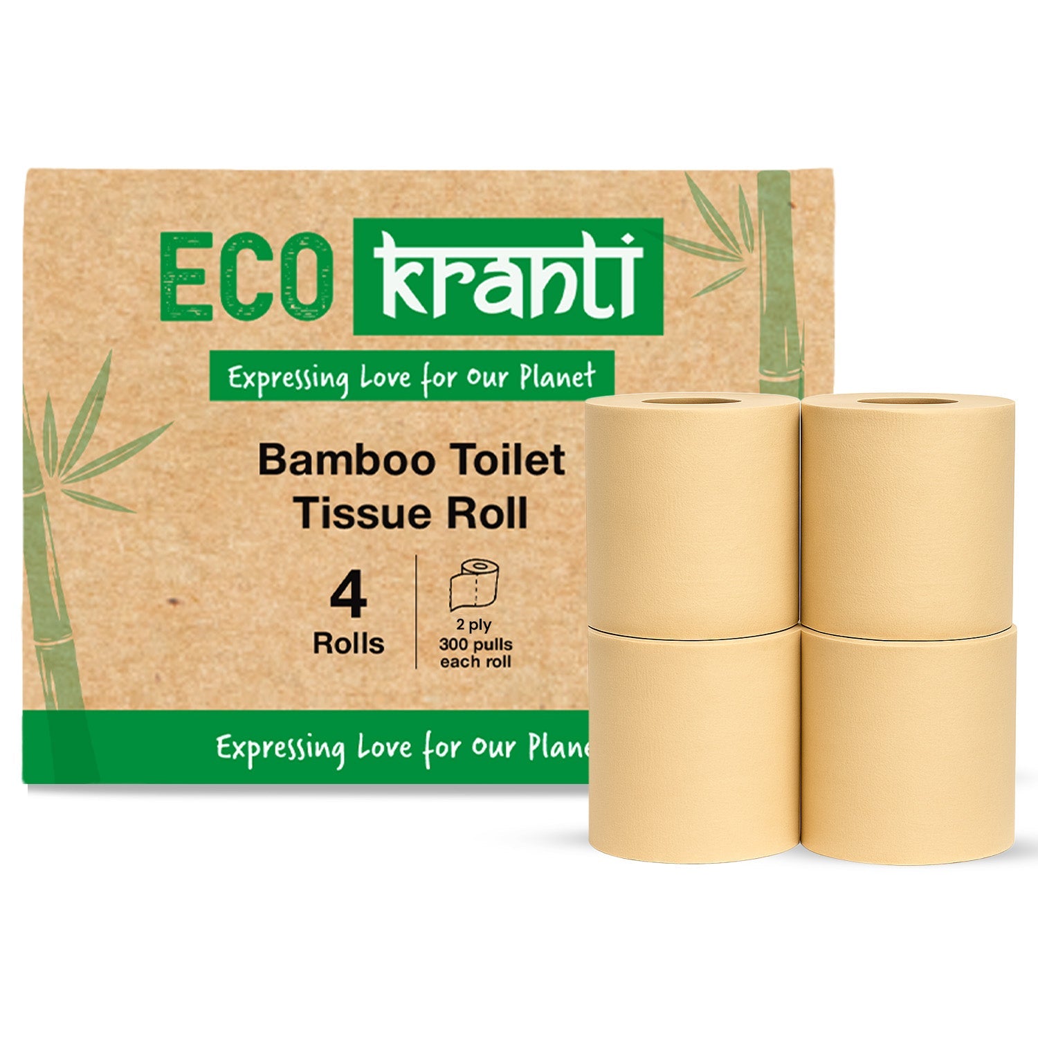 Eco Kranti - Bamboo Toilet Tissue Roll | 300 Pulls x 4 Packs | 100% Natural | Biodegradable, Compostable 100g