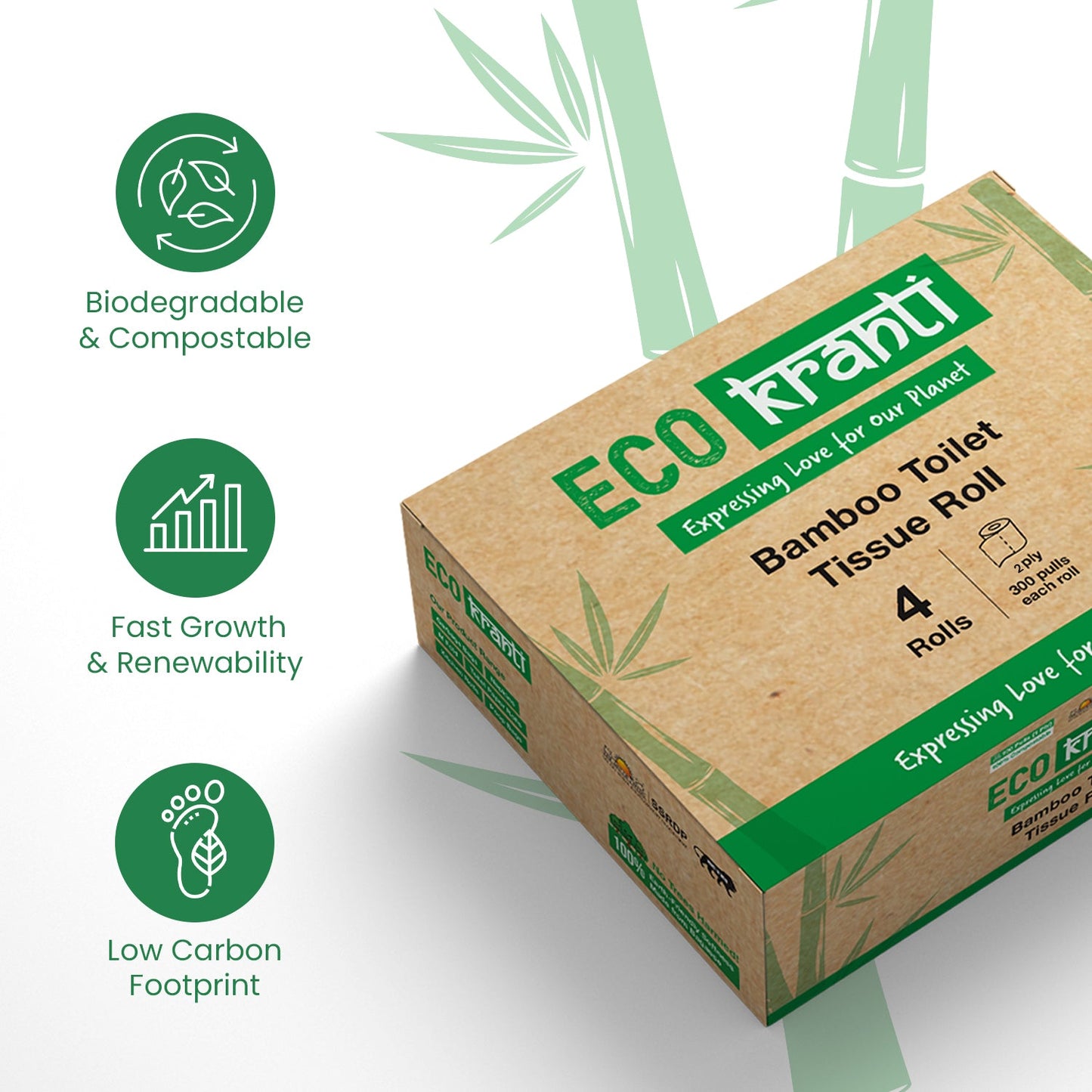 Eco Kranti - Bamboo Toilet Tissue Roll | 300 Pulls x 4 Packs | 100% Natural | Biodegradable, Compostable 100g