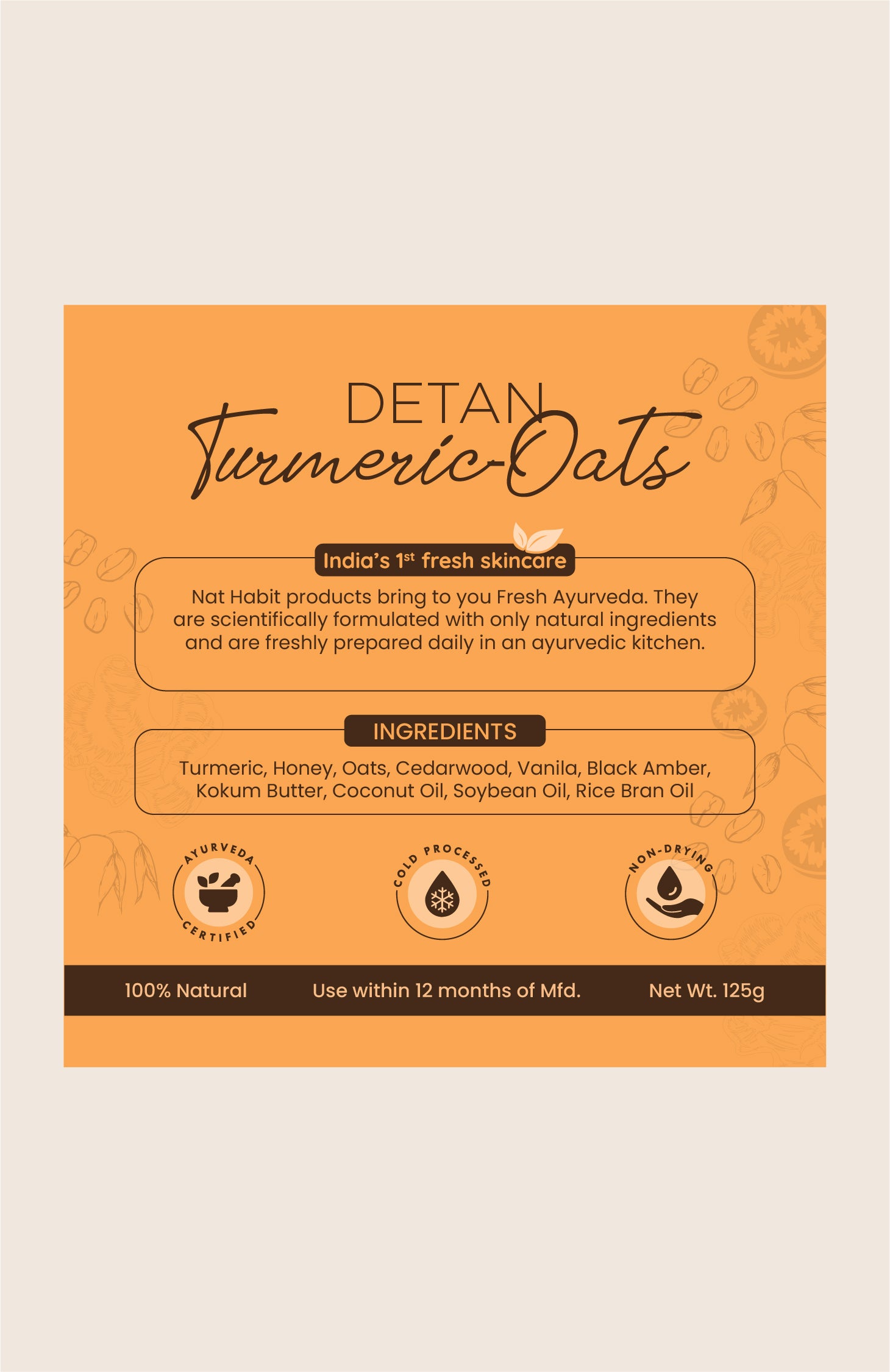 Cold Processed Detan Turmeric-Oats Soap 125g-x1