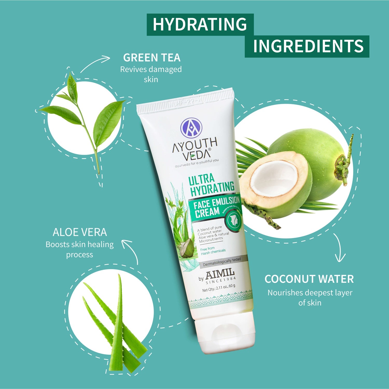 Ultra Hydrating Face Emulsion Cream | Nature’s Goodness for 24 hours Hydration | Moisturizes, Tones, and Brightens Skin | With Coconut Water, Aloe Vera, and Green Tea | Net. qty - 60g 60g