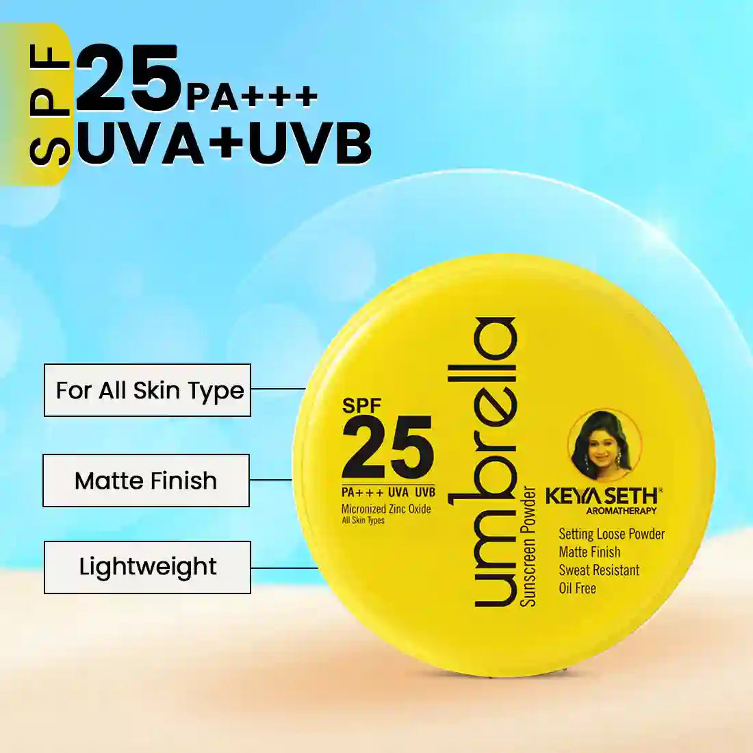 Umbrella Sunscreen Powder SPF 25 with PA+++ UV Protection, Sweat Resistant Formula, Micronized Zinc Oxide for Oily Skin 50g