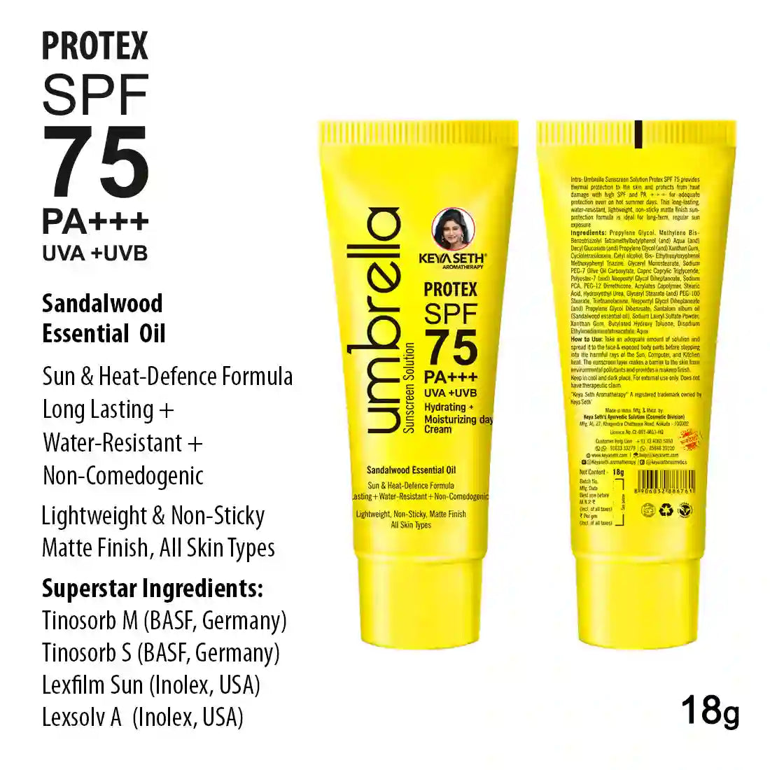 Umbrella Sunscreen Solution Protex SPF 75 Broad Spectrum Protection, Hydrating, No White Cast, Lightweight Matte Finish with Sandalwood Oil 18g