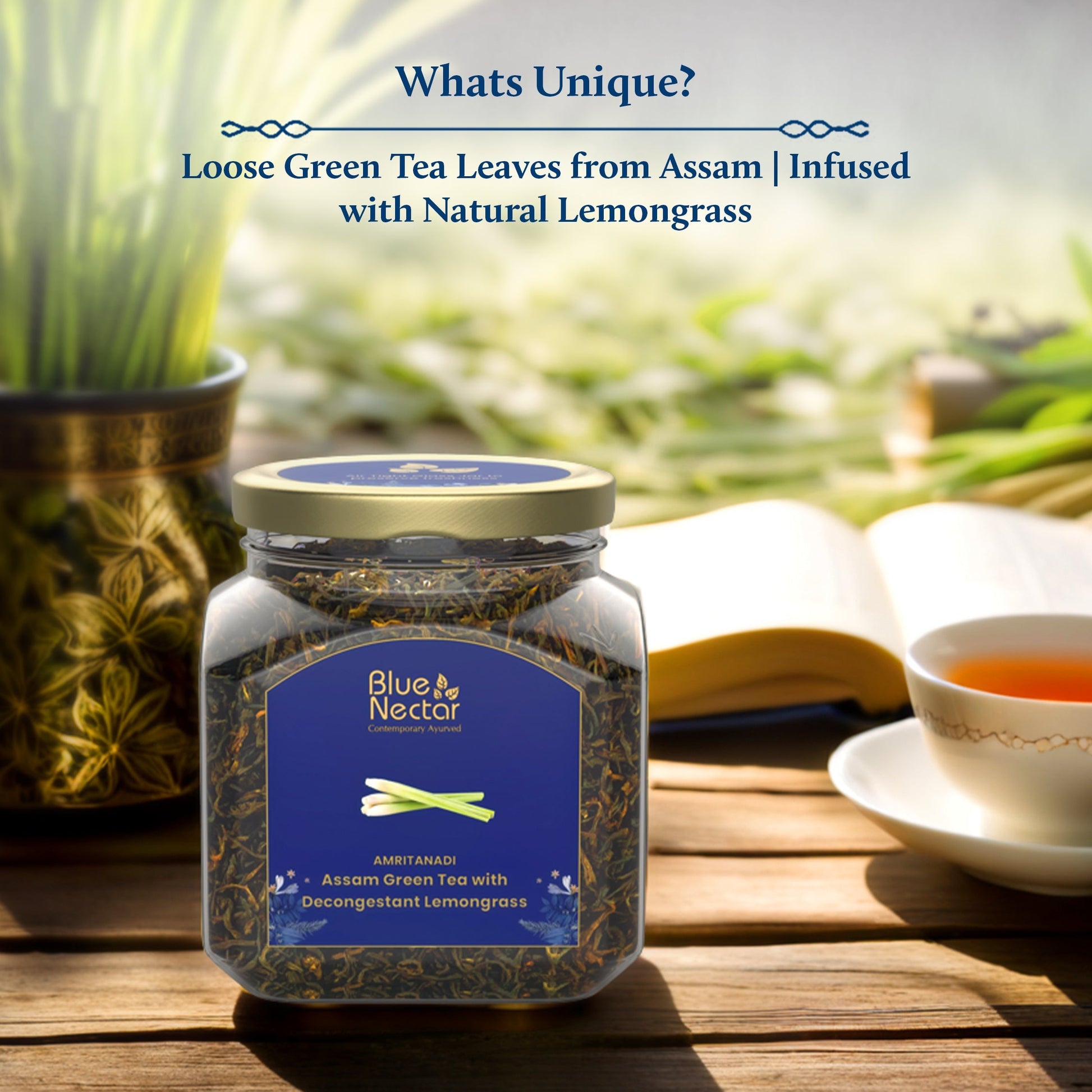 Decongestant Lemongrass Green Tea | Air-Tight Glass Jar with Free Tea Infuser (50 g + 15 g Free | 33 cups) 50g