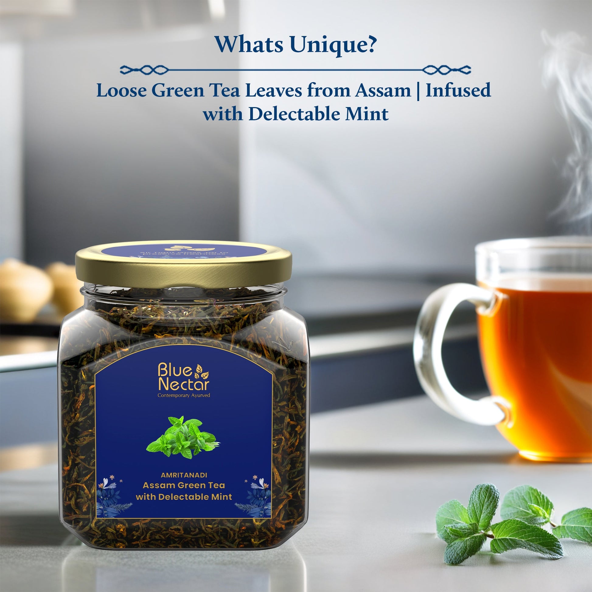Mint Green Tea for Refreshment | Air-Tight Glass Jar with Free Tea Infuser (50 g + 15 g Free | 33 cups) 50g