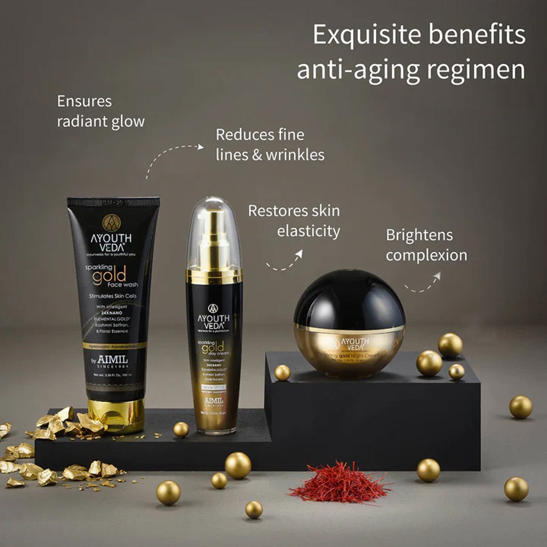 Anti Aging Regimen With 24k Gold & Saffron | Gold face wash 100ml , Day Cream 50g, Night Cream 50g 100ml
