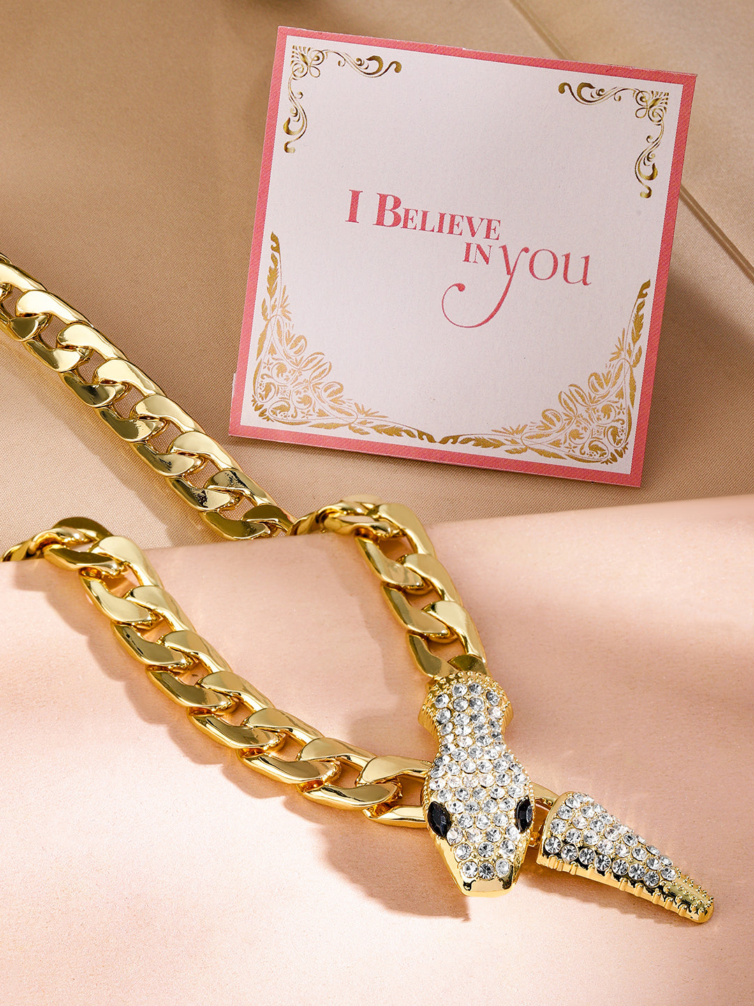 Crystal Studded Snake Pattern Gold Necklace Gold