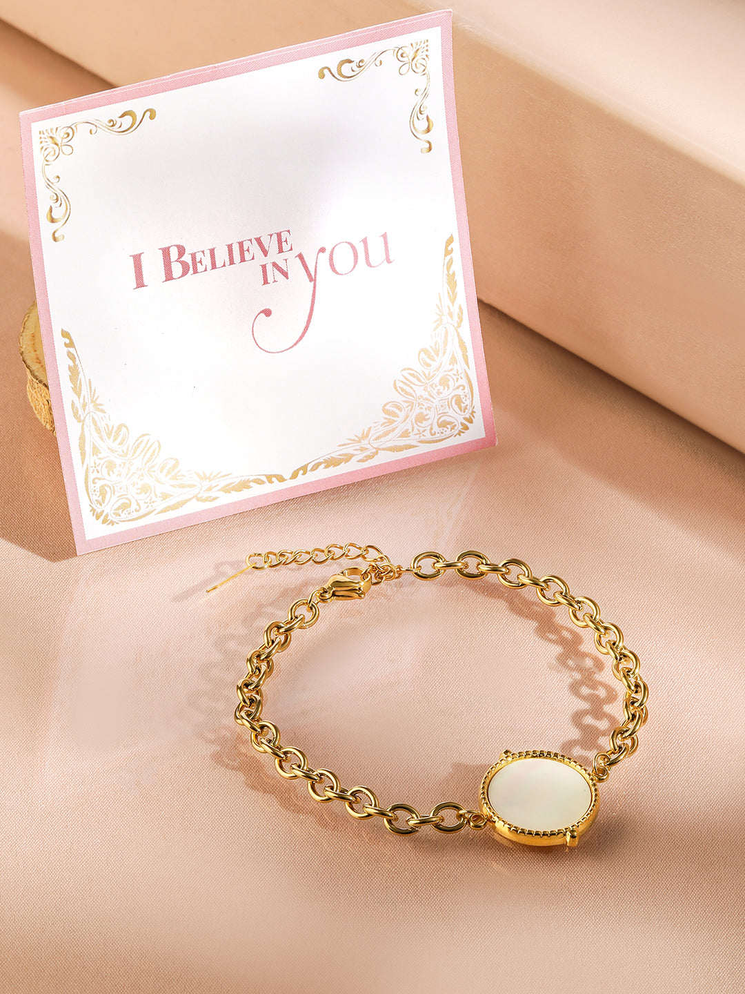 Rubans Voguish 18K Gold Plated Stainless Steel Waterproof Link Chain Bracelet With Shell Studded Charm. Gold