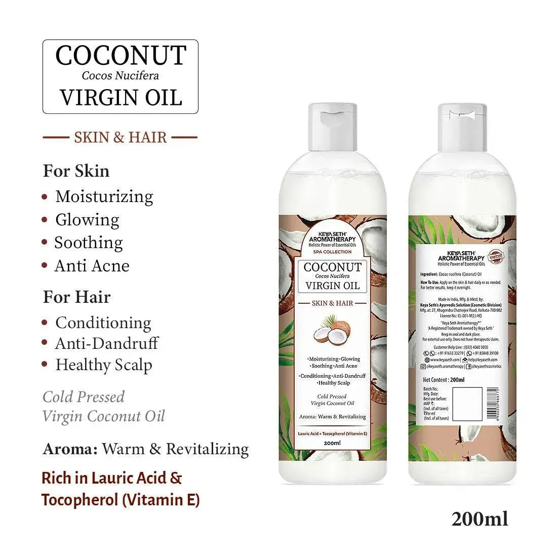 Virgin Coconut Oil, Skin & Hair, Cold Pressed, Moisturizing, Glowing, Soothing Nourishment Anti Dandruff, Rich in Lauric Acid & Vitamin E 200ml