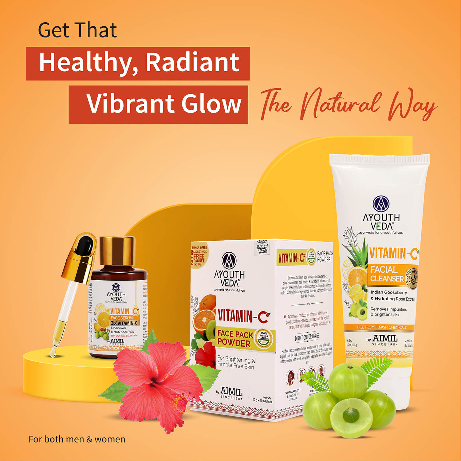 Vitamin-C Regimen: Vitamin-C Facial Cleanser (100 g), Vitamin-C Face Pack Powder (10g×8 sachet), Vitamin-C Face Serum (30 ml) 100g