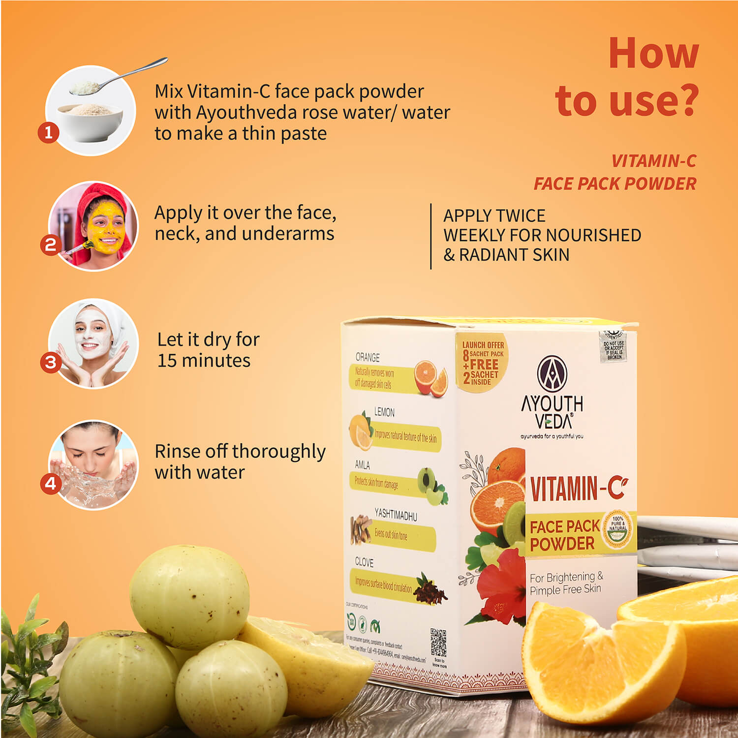 Vitamin-C Regimen: Vitamin-C Facial Cleanser (100 g), Vitamin-C Face Pack Powder (10g×8 sachet), Vitamin-C Face Serum (30 ml) 100g