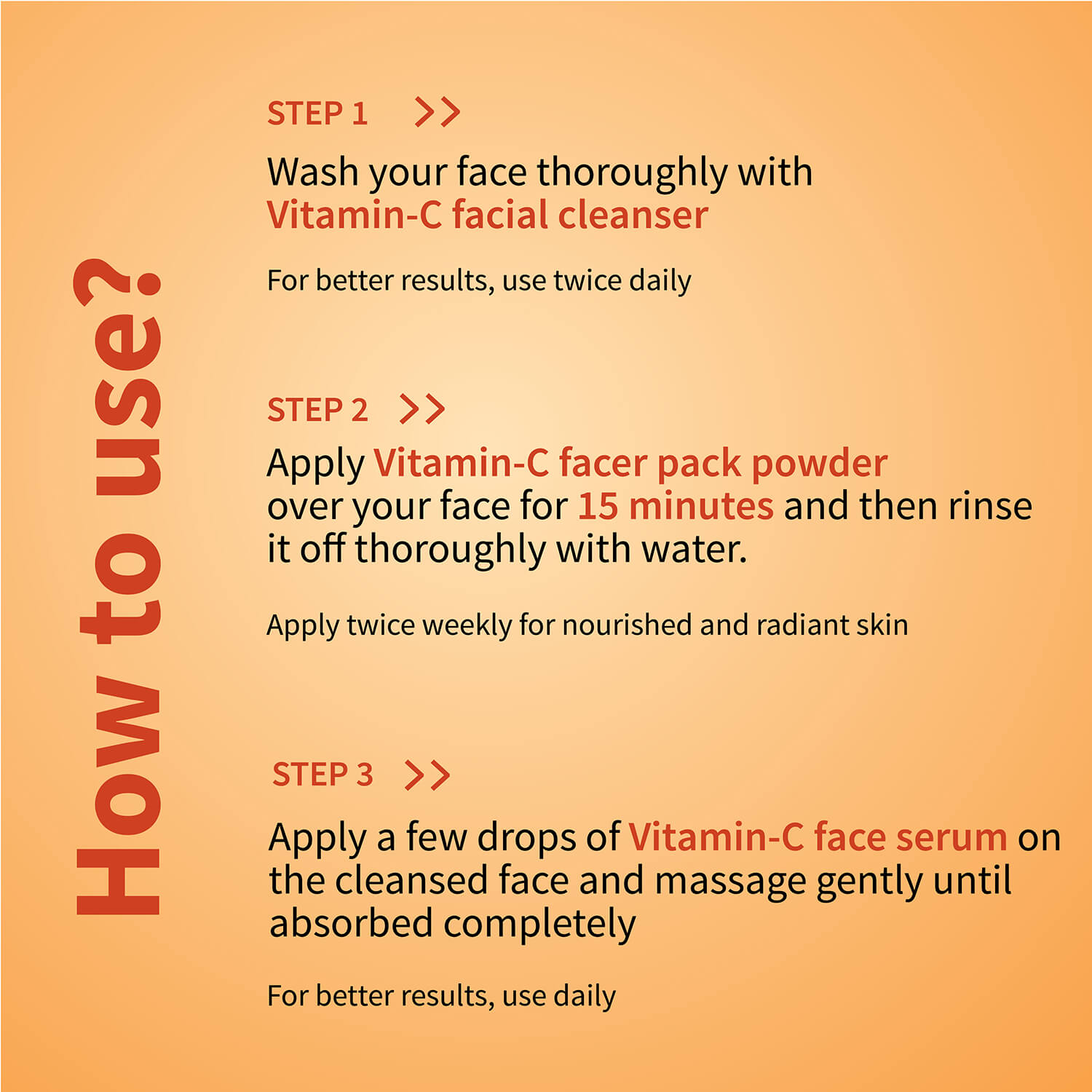 Vitamin-C Regimen: Vitamin-C Facial Cleanser (100 g), Vitamin-C Face Pack Powder (10g×8 sachet), Vitamin-C Face Serum (30 ml) 100g