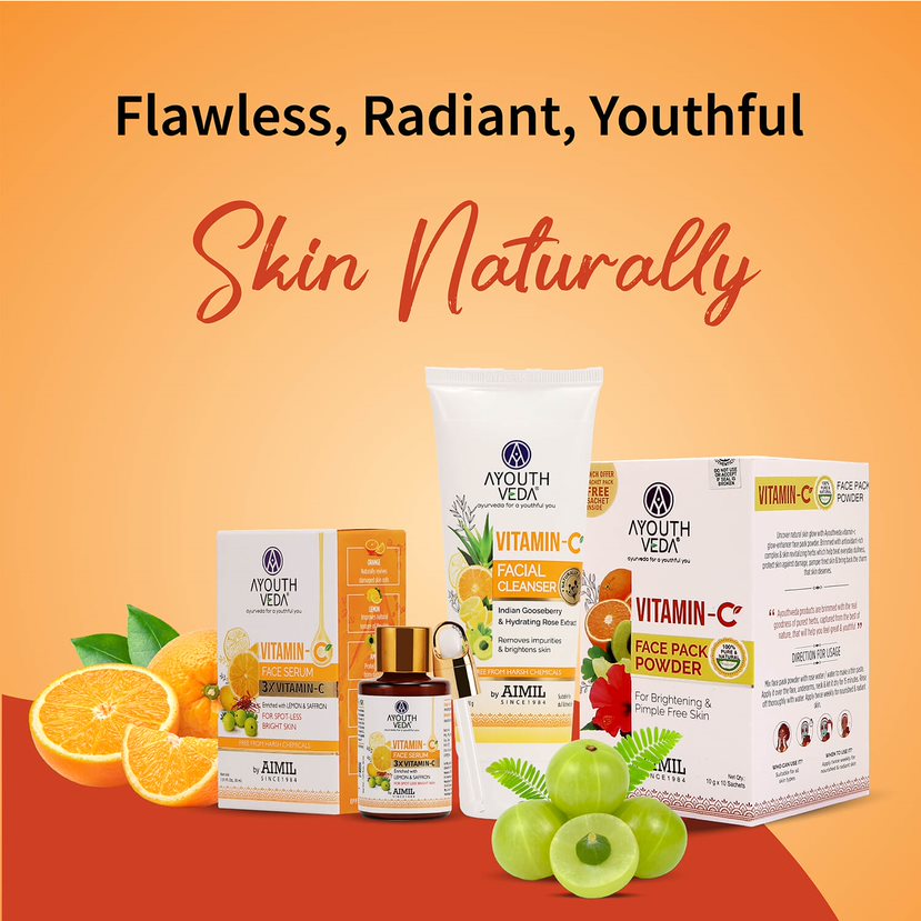 Vitamin-C Regimen: Vitamin-C Facial Cleanser (100 g), Vitamin-C Face Pack Powder (10g×8 sachet), Vitamin-C Face Serum (30 ml) 100g