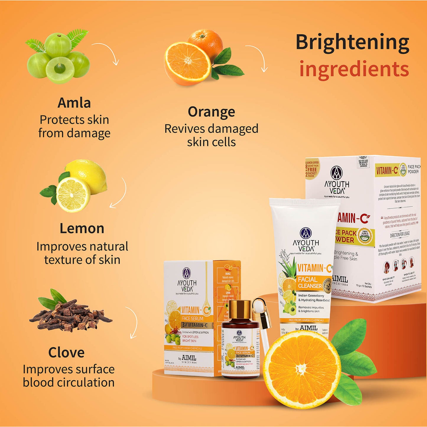 Vitamin-C Regimen: Vitamin-C Facial Cleanser (100 g), Vitamin-C Face Pack Powder (10g×8 sachet), Vitamin-C Face Serum (30 ml) 100g