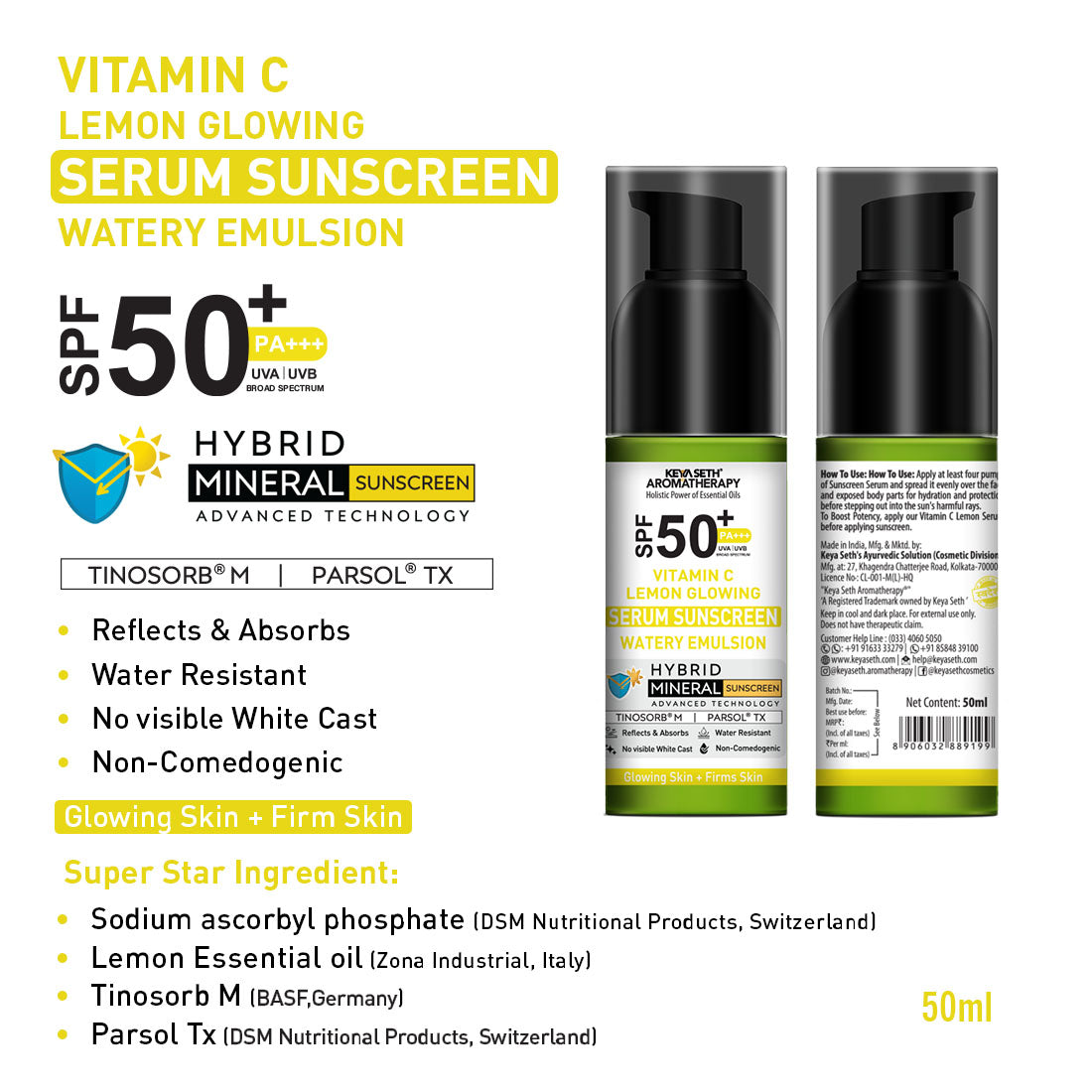 Vitamin C Lemon Glowing Serum Mineral Sunscreen, SPF 50 PA+++, Watery Emulsion, No White Cast, Water Resistant,Tinosorb M + Parsol TX 50ml