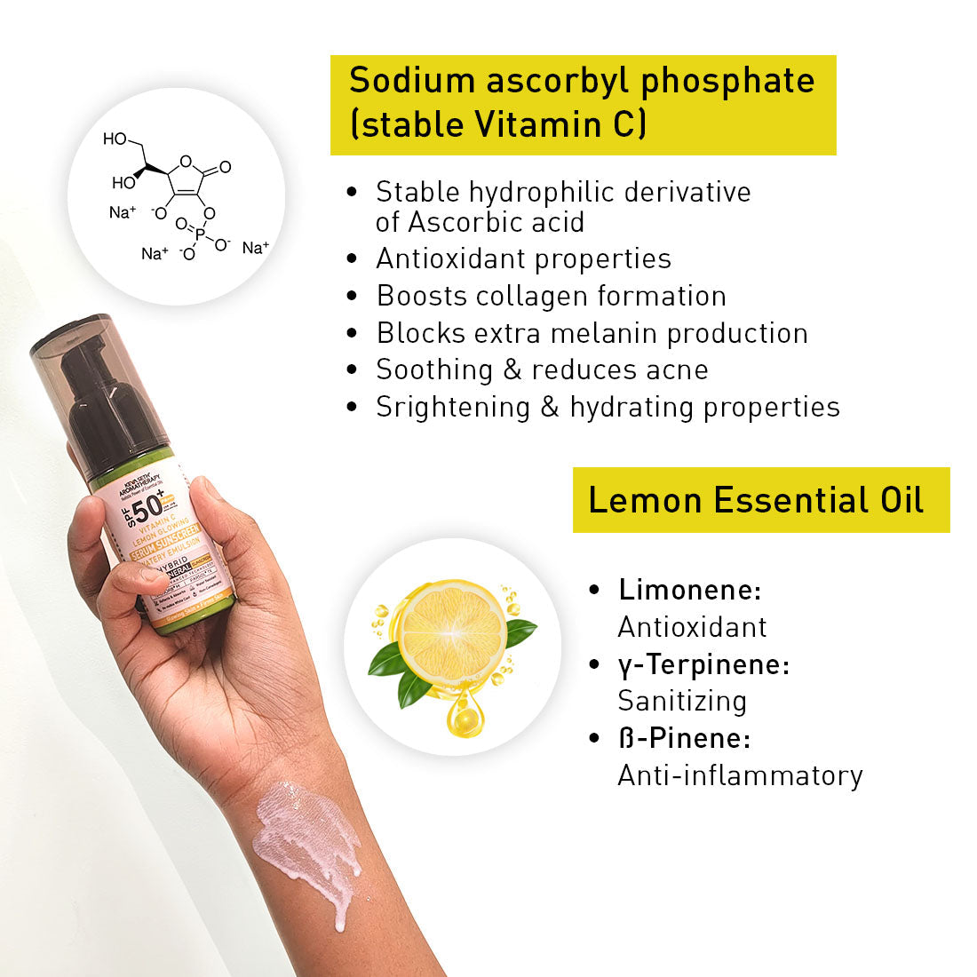 Vitamin C Lemon Glowing Serum Mineral Sunscreen, SPF 50 PA+++, Watery Emulsion, No White Cast, Water Resistant,Tinosorb M + Parsol TX 50ml
