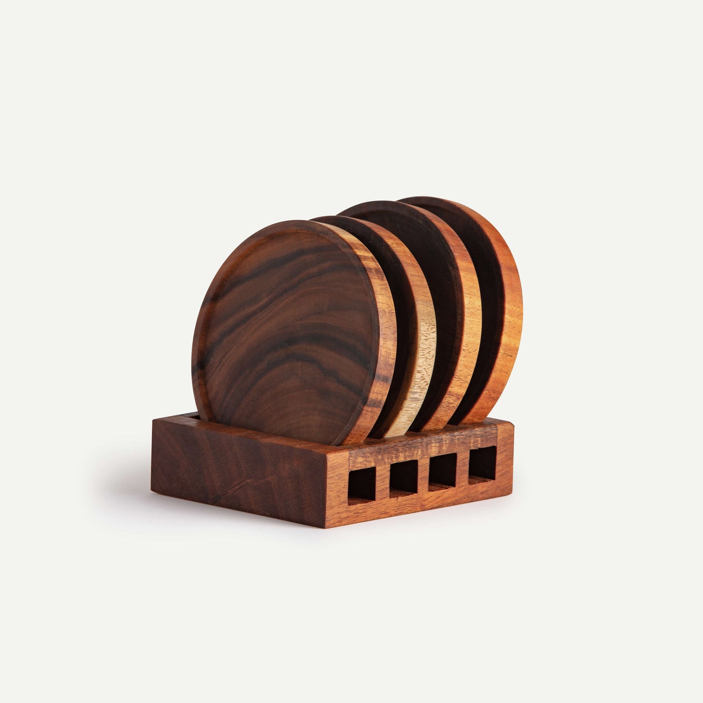 WOODEN COASTER SET WITH STAND 10(縦) x 10(横) x 2.4(高さ); 直径: 10