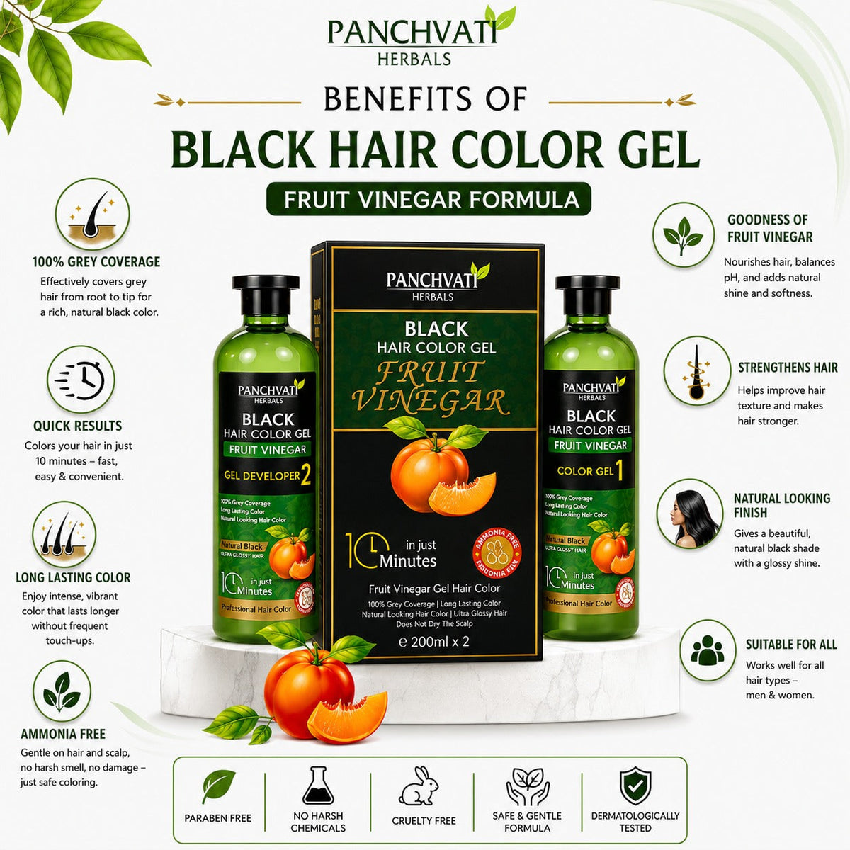 【Panchvati Herbals】 Fruit Vinegar Black Hair Color Gel｜フルーツビネガー ヘアカラージェル ブラック｜200ml×2（400ml）