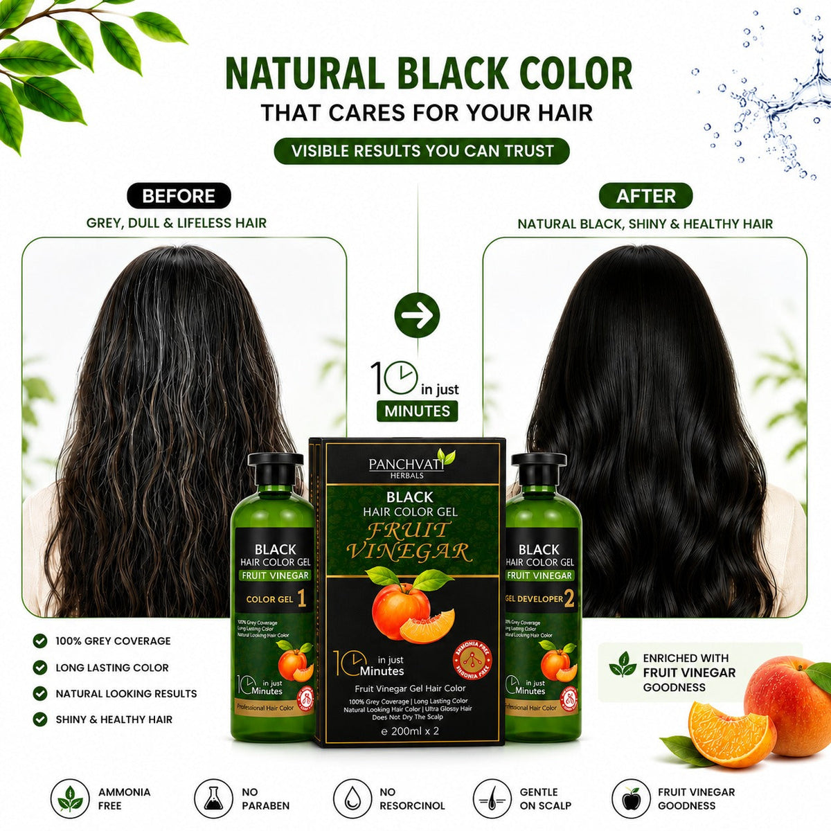 【Panchvati Herbals】 Fruit Vinegar Black Hair Color Gel｜フルーツビネガー ヘアカラージェル ブラック｜200ml×2（400ml）