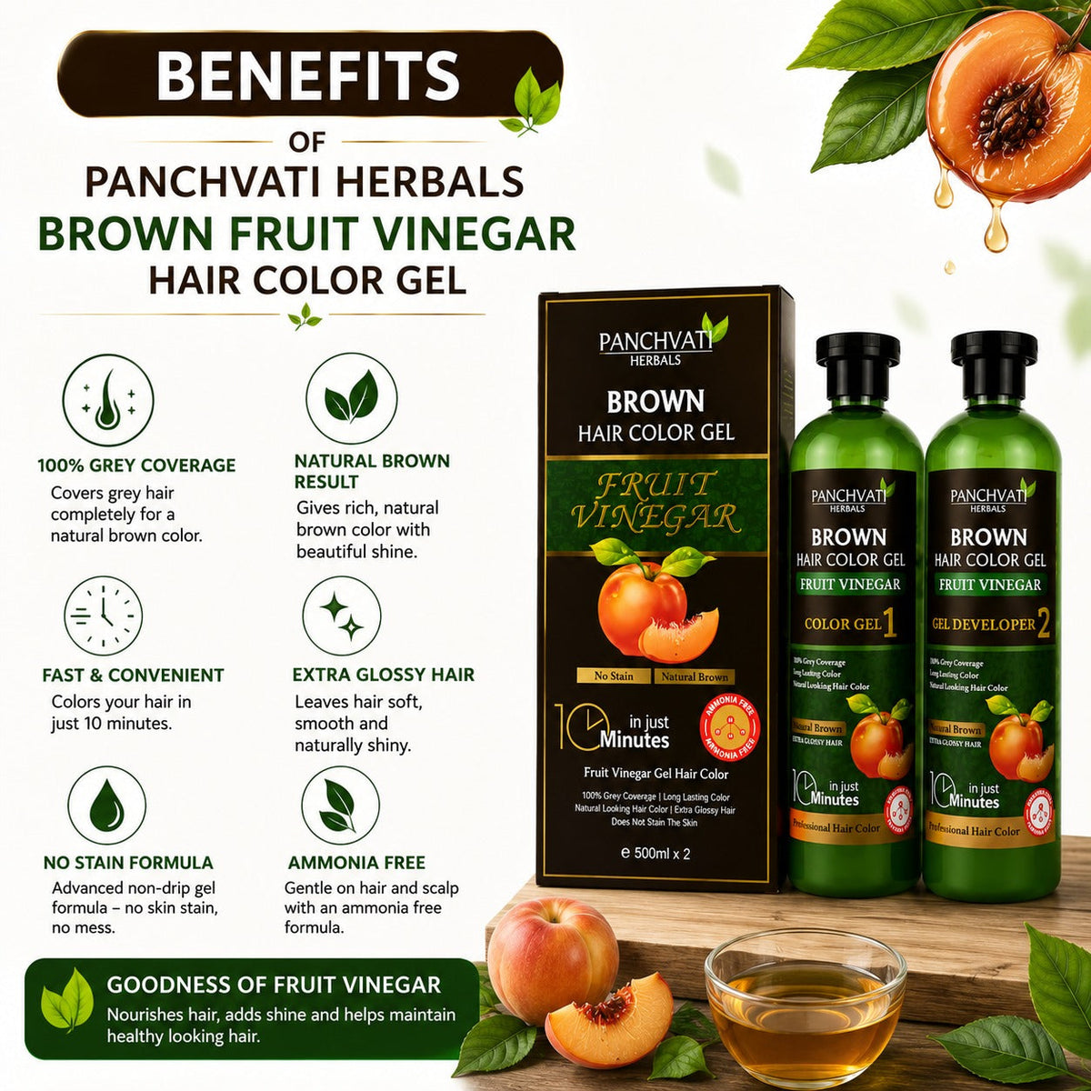 【Panchvati Herbals】 Brown Hair Color Gel Fruit Vinegar｜フルーツビネガー ヘアカラージェル ブラウン 大容量｜500ml×2（1L）
