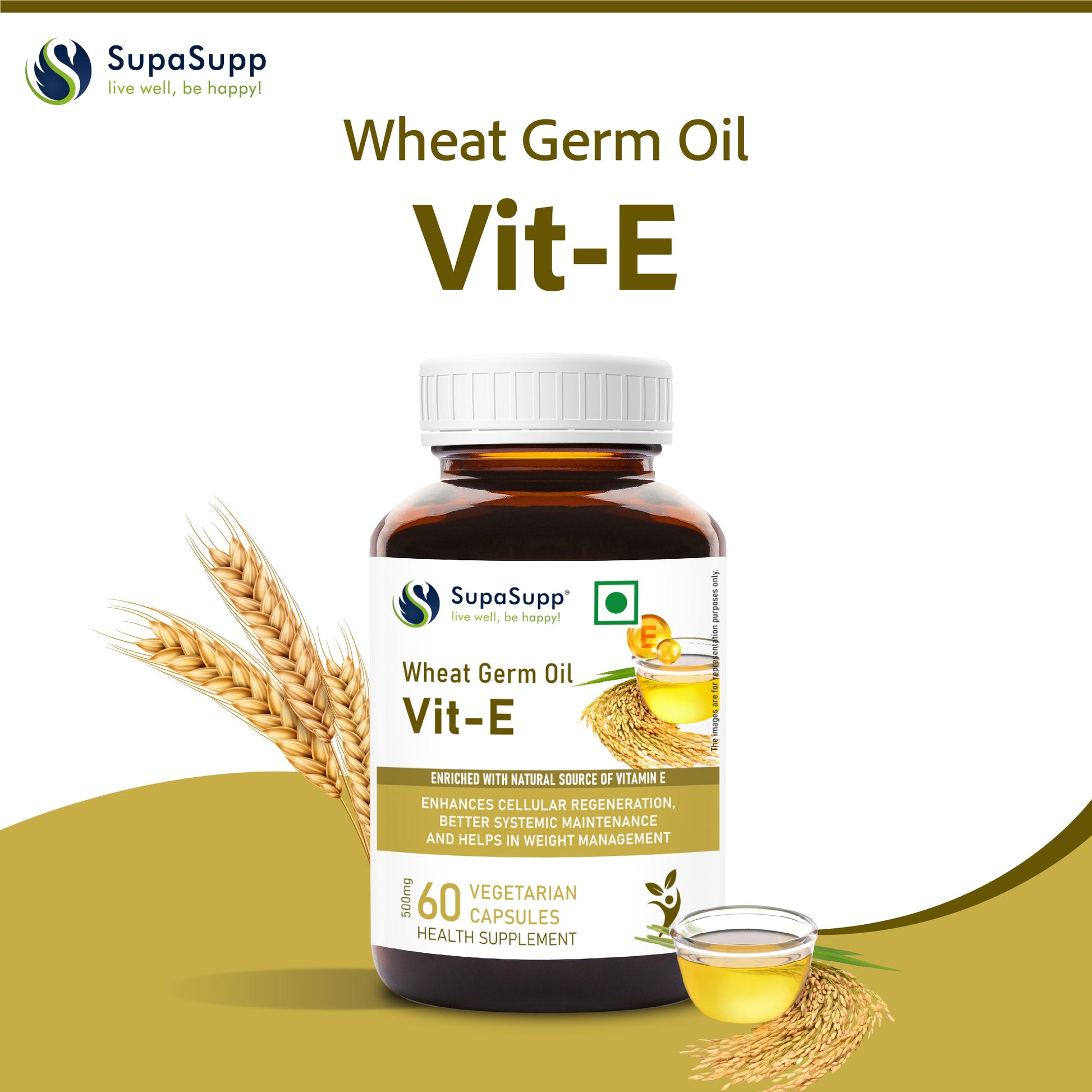 SupaSupp Wheat Germ Oil Vit - E | Enhances Cellular Regeneration, Better Systemic Maintenance And Helps In Weight Management |  Vitamin E | Health Supplement | 60 Veg Cap, 500 mg 500mg