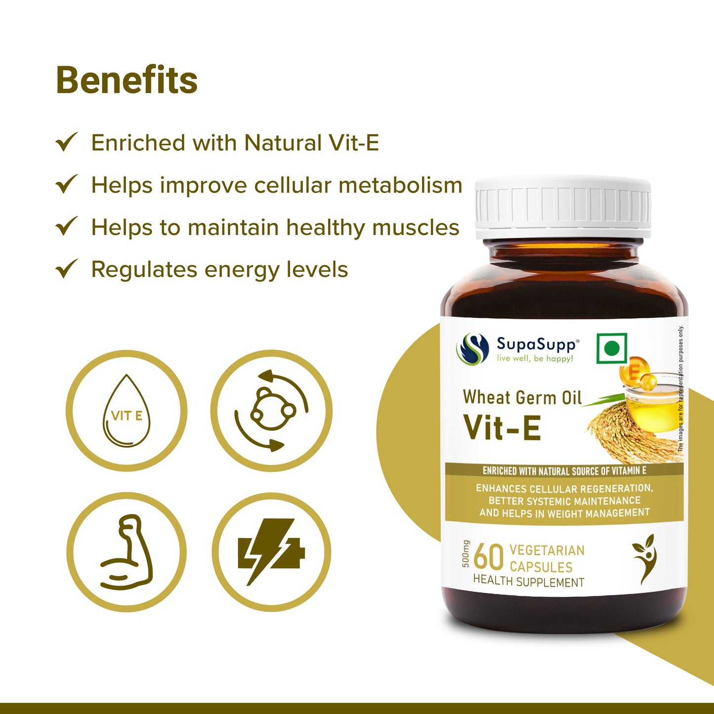 SupaSupp Wheat Germ Oil Vit - E | Enhances Cellular Regeneration, Better Systemic Maintenance And Helps In Weight Management |  Vitamin E | Health Supplement | 60 Veg Cap, 500 mg 500mg