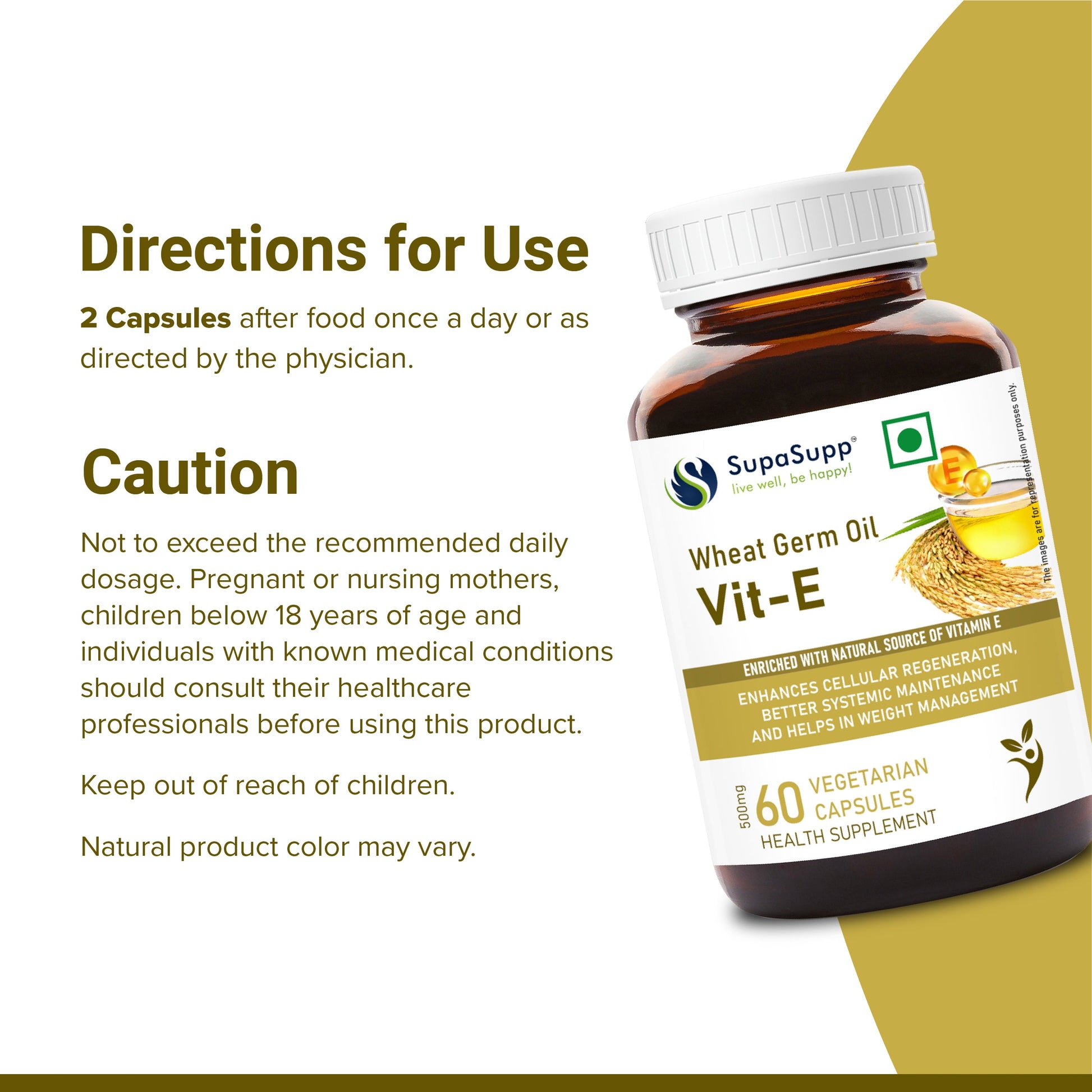 SupaSupp Wheat Germ Oil Vit - E | Enhances Cellular Regeneration, Better Systemic Maintenance And Helps In Weight Management |  Vitamin E | Health Supplement | 60 Veg Cap, 500 mg 500mg