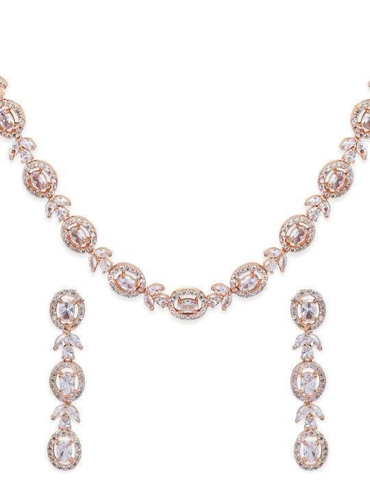 Rubans Simple Gold Toned CZ Necklace Set with Long Earrings Gold