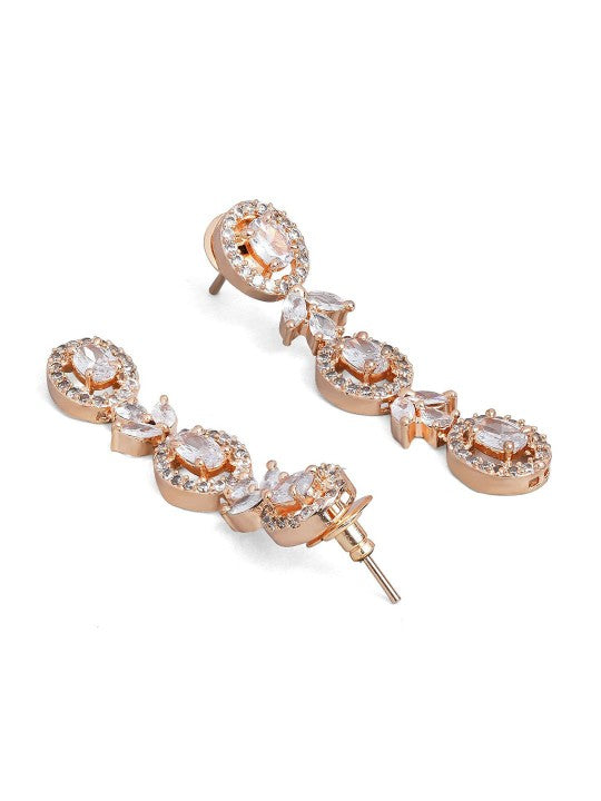 Rubans Simple Gold Toned CZ Necklace Set with Long Earrings Gold