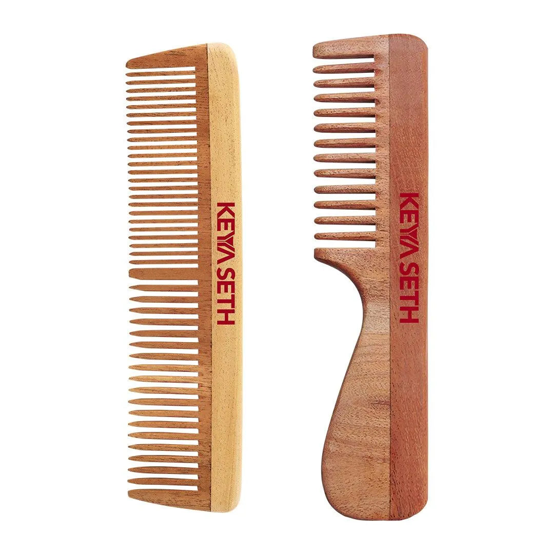 Handmade Neem Wooden Comb for Women: Detangles, Controls Frizz, Anti-Static, Promotes Hair Growth, Suitable for All Hair Types Dual & Wide Tooth with Handle Combo 100g