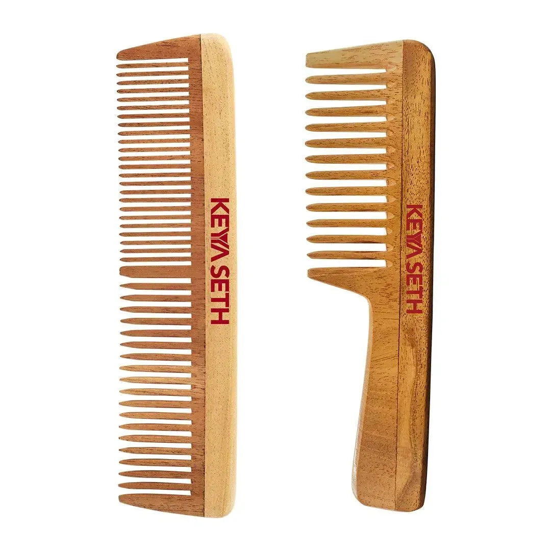 Handmade Neem Wooden Comb for Women Detangling, Anti-Static, Frizz Control, Hair Growth, Suitable for All Hair Types Dual Tooth & Large Size Wide Tooth with Handles Combo 100g