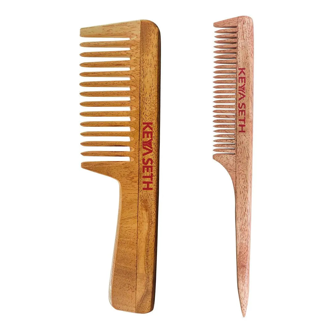 Handmade Neem Wooden Comb for Women: Detangling, Anti-Static, Promotes Hair Growth, Control Frizz, Perfect for Hair Partition, Suitable for All Hair Types Wide Tooth with Handle & Tail Comb Combo 100g