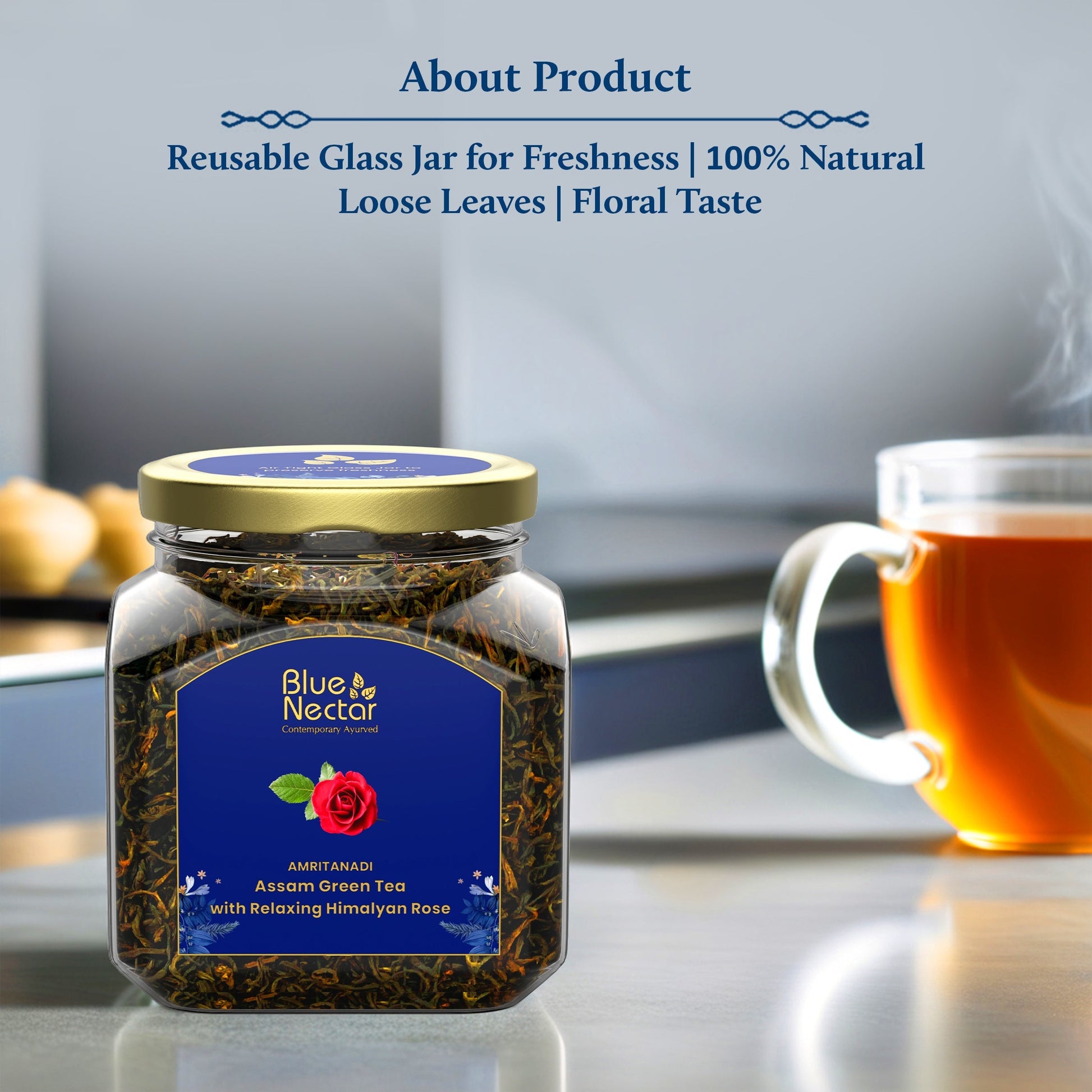 Himalayan Rose Green Tea for Relaxation | Air-Tight Glass Jar with Free Tea Infuser (65 g | 33 cups) 65g
