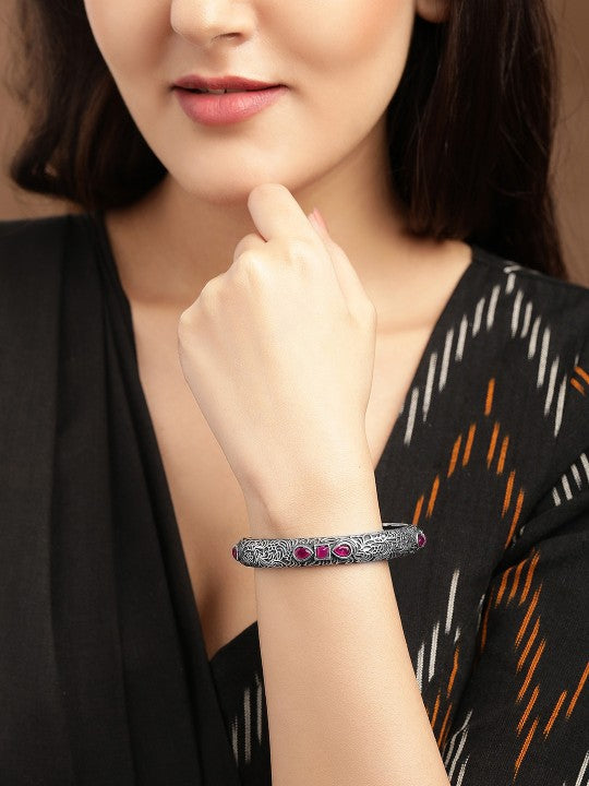 Rubans Oxidised Silver Plated Handcrafted Pink Stone Filigree Bangle 2.4 - Small