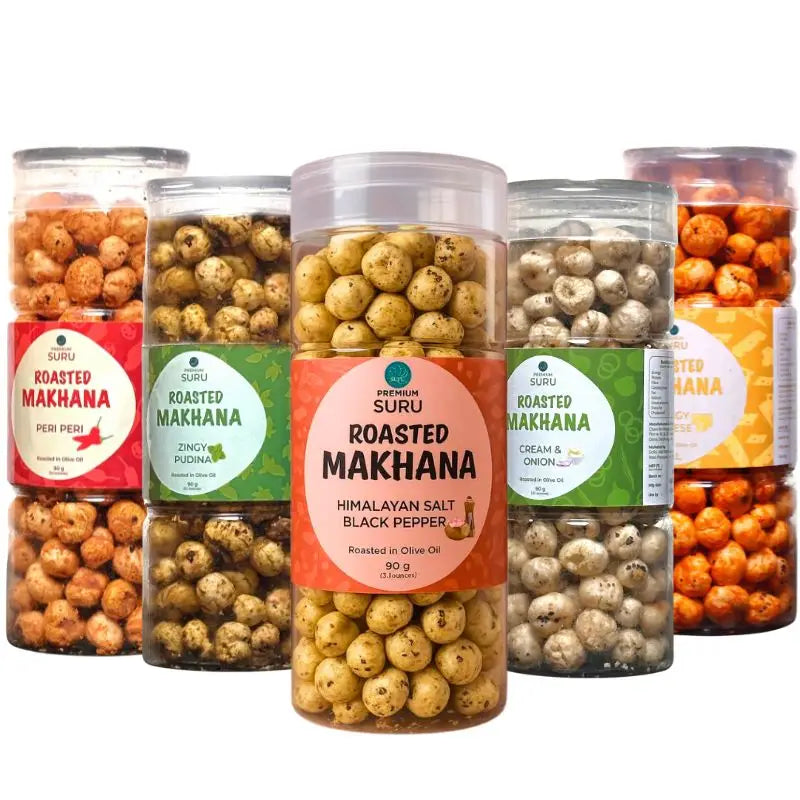 【SURU】 Mega Flavour Combo Roasted Makhana Pack of 5｜ローストマカナ 5種セット（ペリペリ・クリーム＆オニオン・タンギーチーズ・ジンギープディナ・ヒマラヤソルト＆ブラックペッパー）｜90g×5
