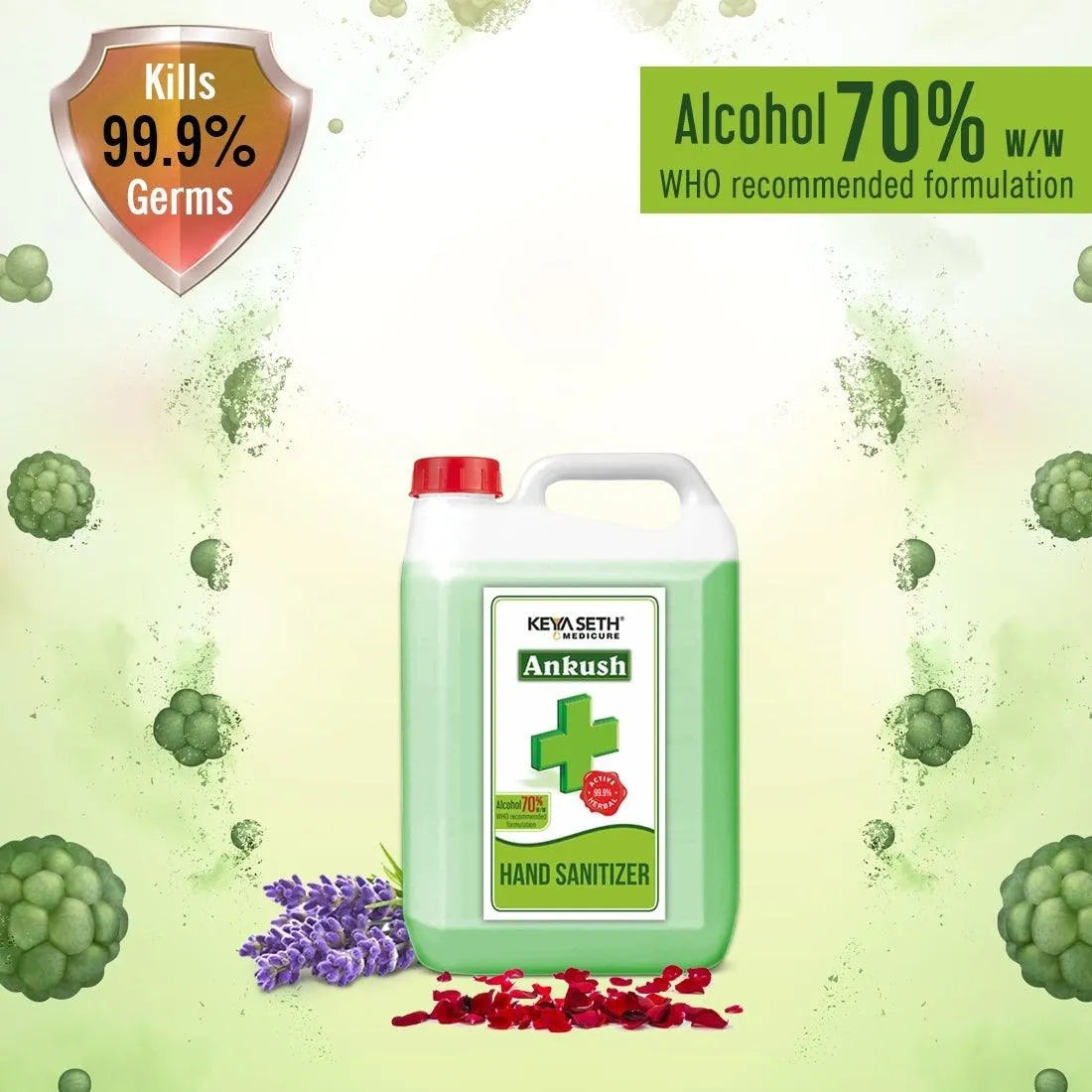 Ankush Hand Sanitizer 70%(w/w) Isopropyl Alcohol (IPA), Enriched with Lavender & Rose Essential Oil 5L