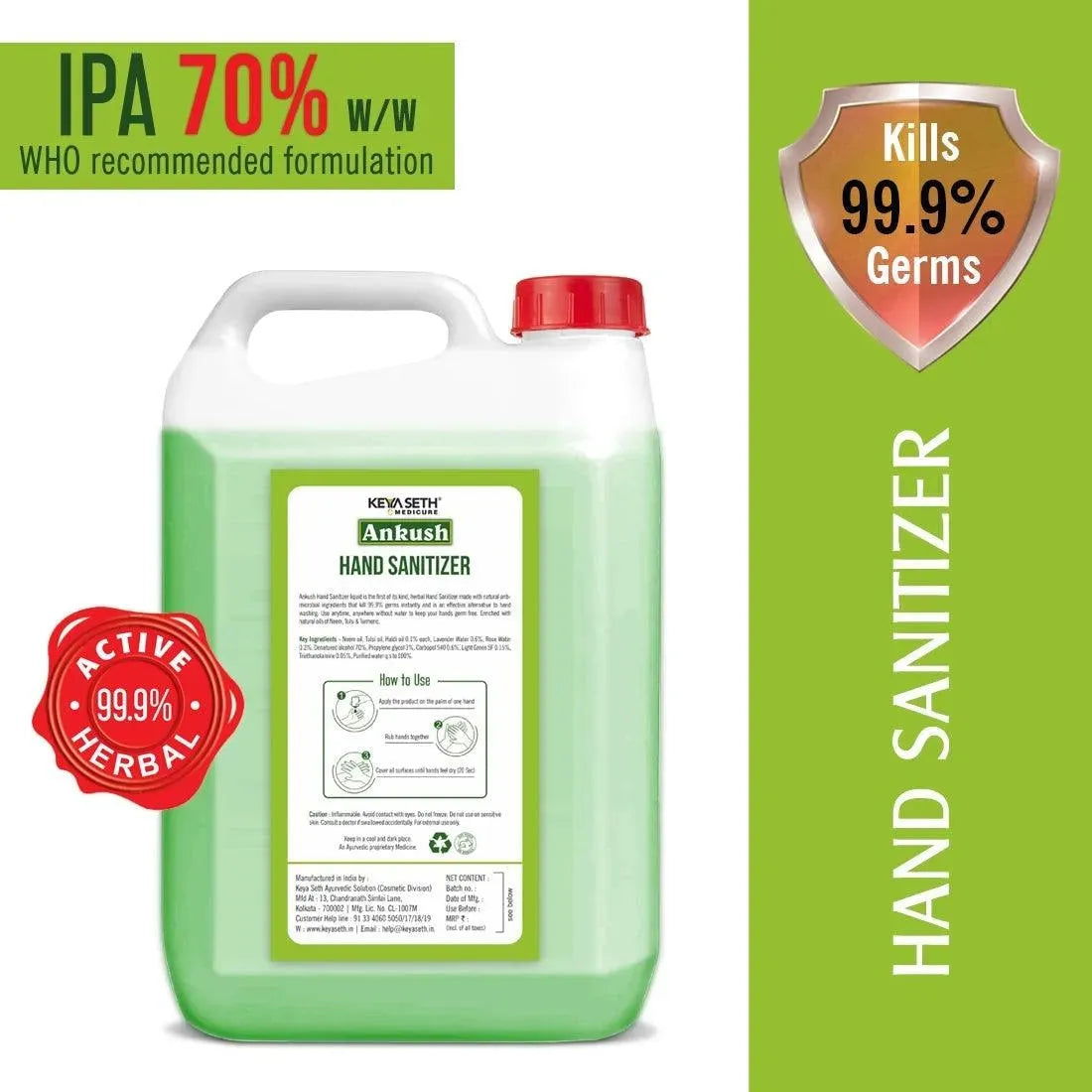 Ankush Hand Sanitizer 70%(w/w) Isopropyl Alcohol (IPA), Enriched with Lavender & Rose Essential Oil 5L