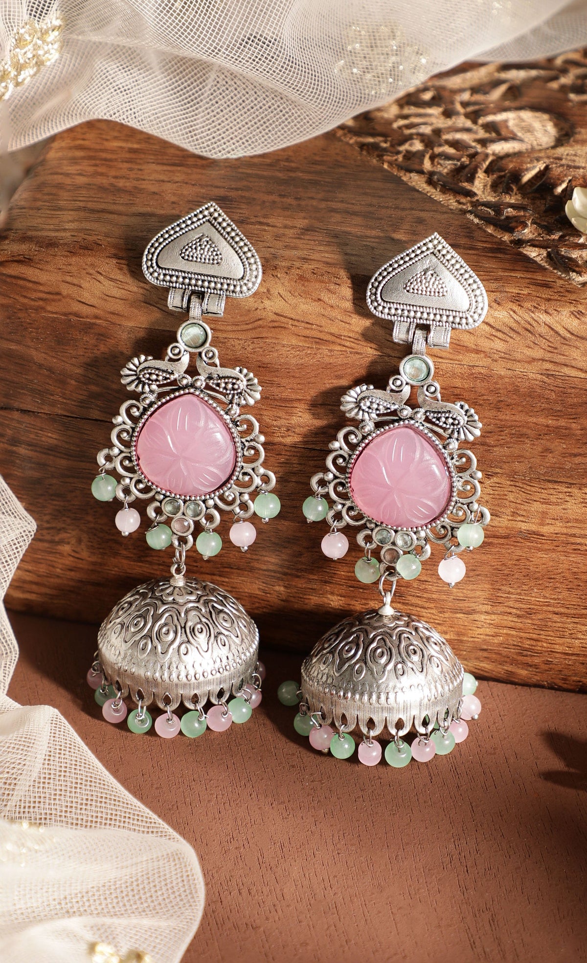Festive Pastel Bloom Oxidised Jhumka Earrings Silver