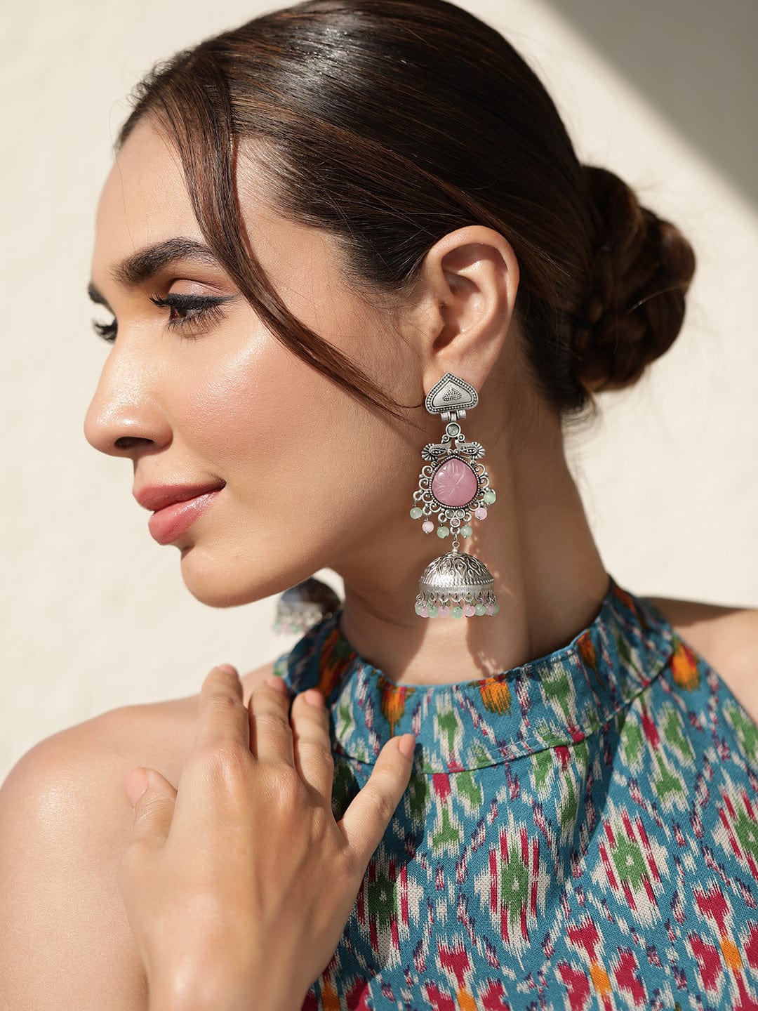 Festive Pastel Bloom Oxidised Jhumka Earrings Silver