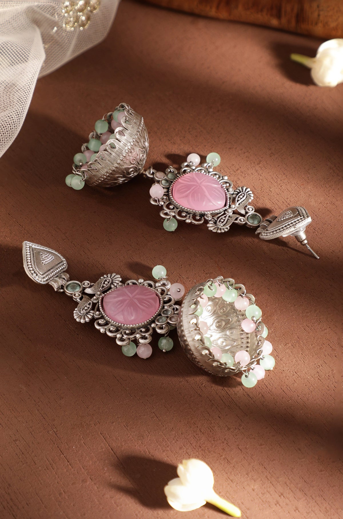 Festive Pastel Bloom Oxidised Jhumka Earrings Silver