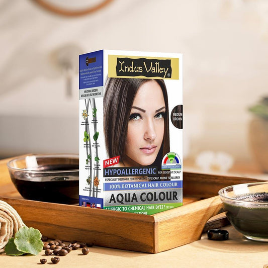 【Indus Valley】 Aqua Colour With Colour Protective Conditioning Shampoo and Hair Ultima Spa Combo - 405ml + 200gm Medium Brown