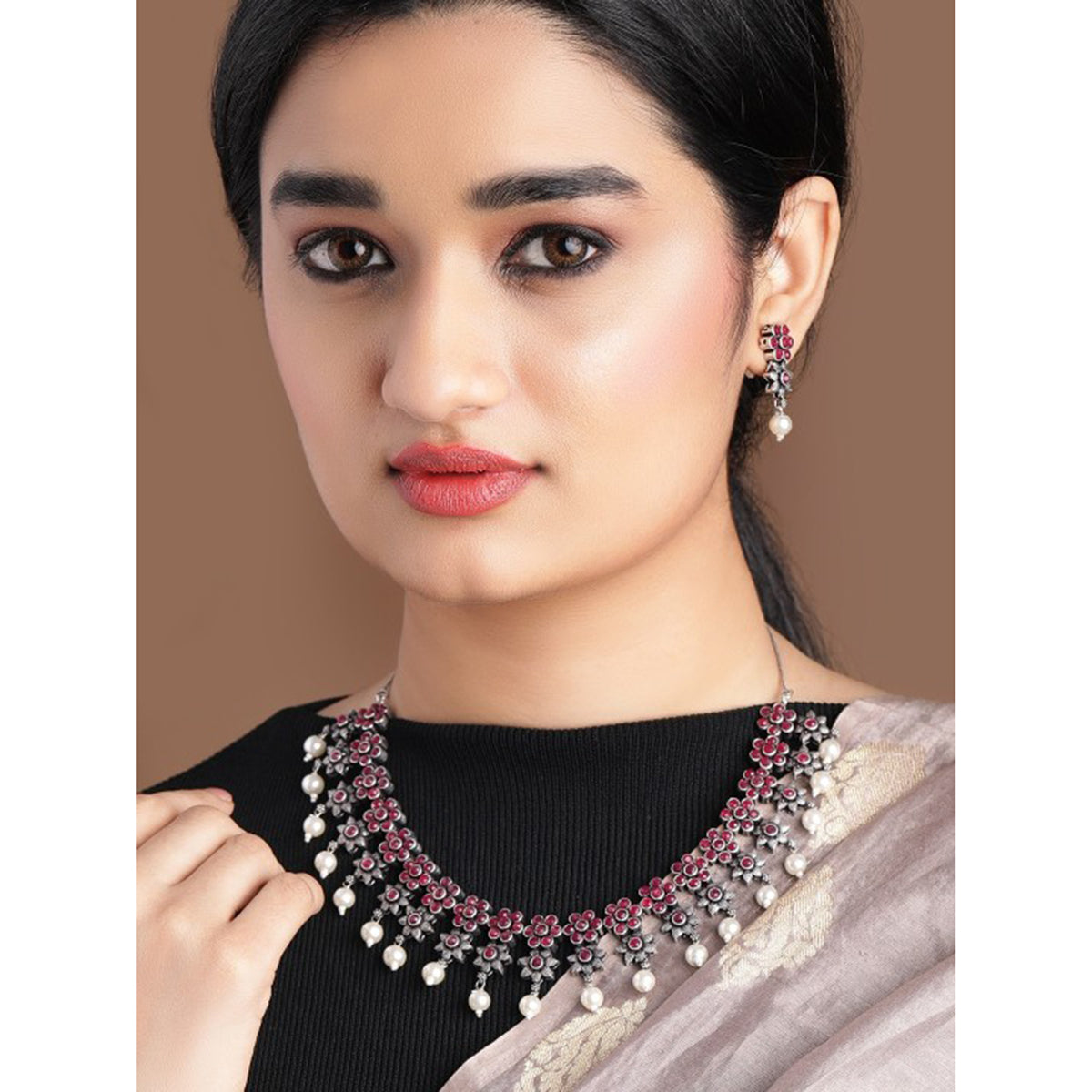 Rubans Oxidised Silver Plated Embellished With Faux Ruby Floral Necklace Set Pink