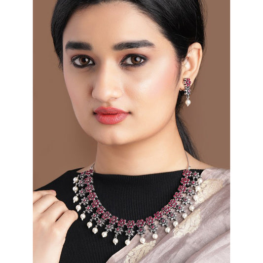 Rubans Oxidised Silver Plated Embellished With Faux Ruby Floral Necklace Set Pink